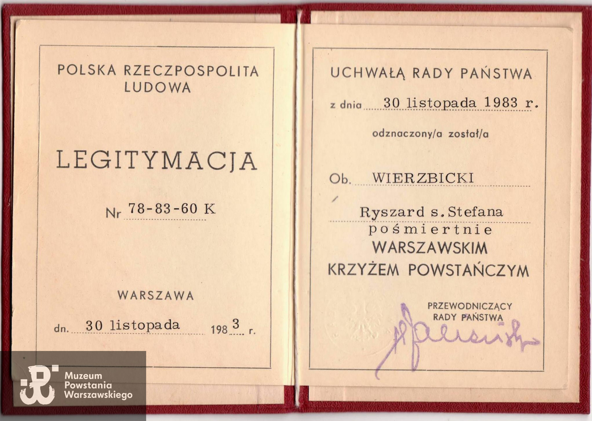Legitymacja pośmiertnego odznaczenia Warszawskim Krzyżem Powstańczym. Ze zbiorów rodzinnych 