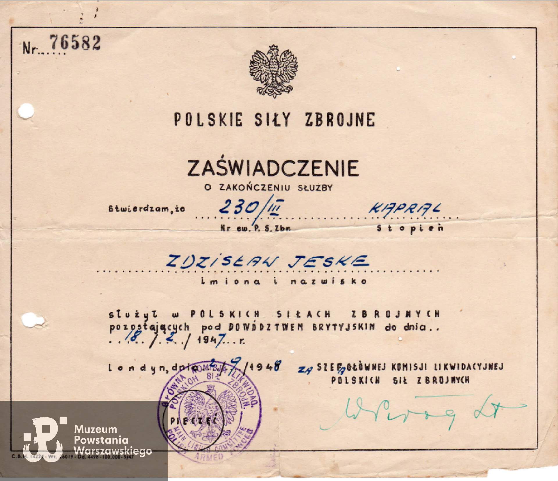 Zaświadczenie o zakończeniu służby w PSZ. Skan udostępnił p. Przemysław Czarnocki