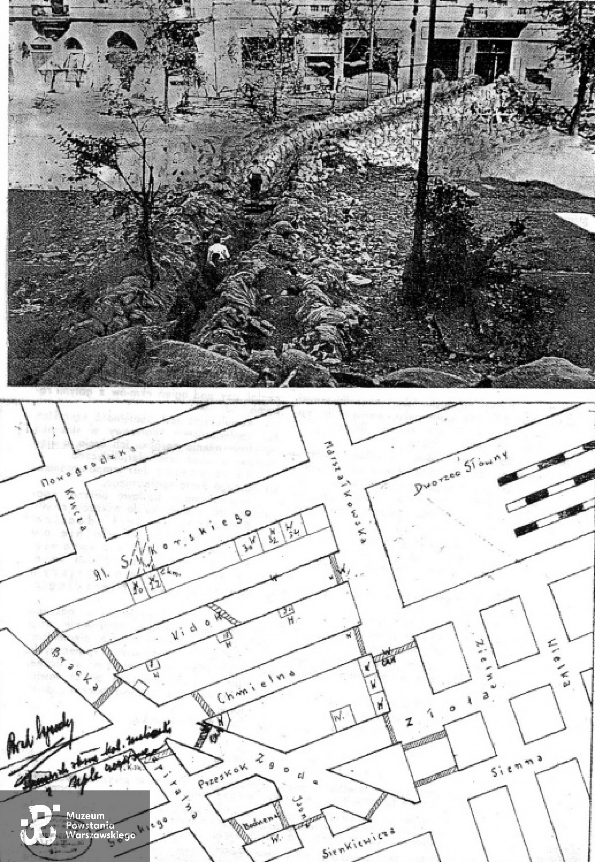 Szkic Alej Jerozolimskich z zaznaczonym miejscem śmierci Władysława Psarskiego "Jastrzębca". Materiały Marii Chełkowskiej z Psarskich.