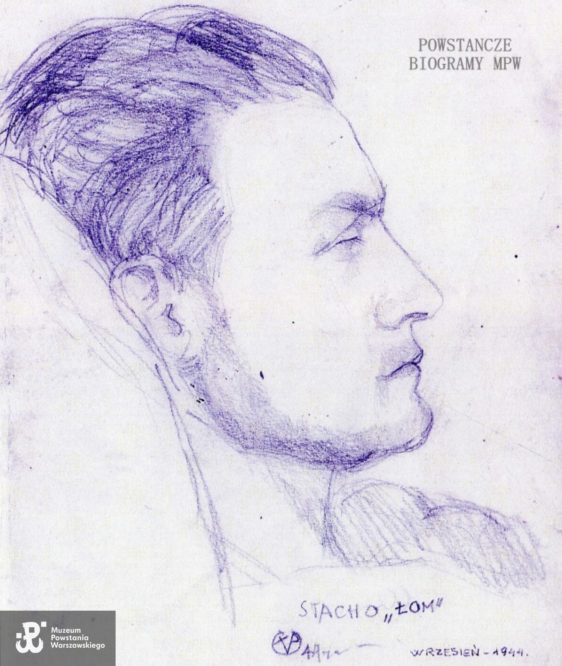 Rysunek przedstawiający Stanisława Wrońskiego ps. "Łom" autorstwa jednego z pacjentów szpitala w Podkowie Leśnej, wykonany w  szpitalu na kilka dni przed śmiercią Stanisława. Fot. z archiwum Krystyny Badowskiej