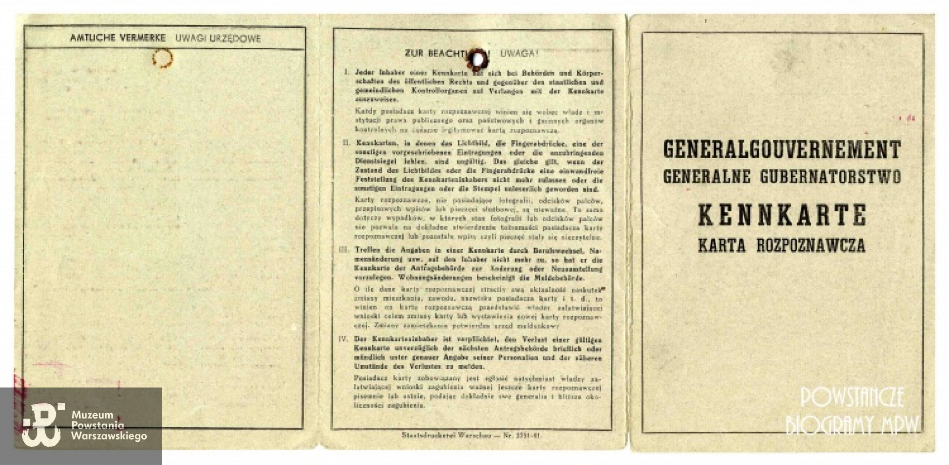 Okupacyjna kenkarta. Ze zbiorów Muzeum Powstania Warszawskiego, sygn. P/3140