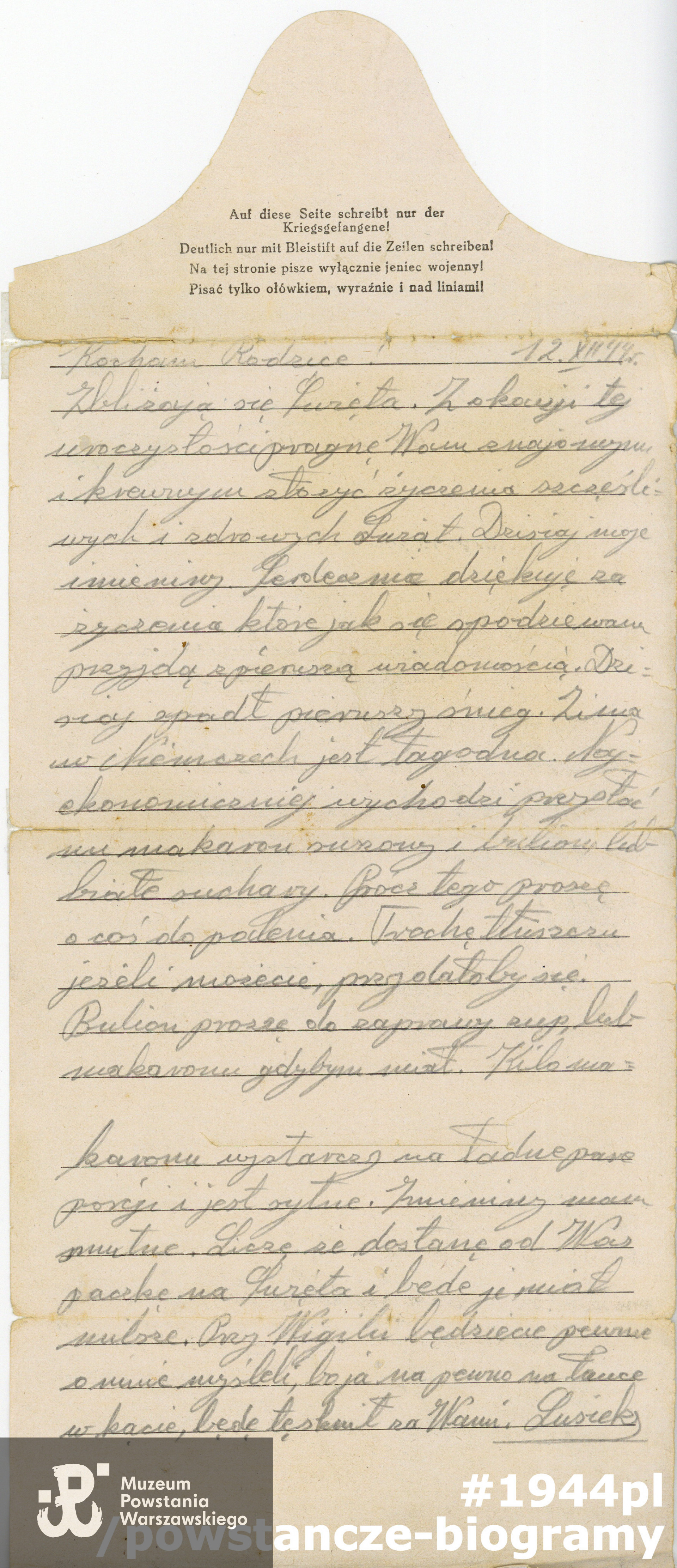 List wysłany przez syna Aleksandra do ojca Andrzeja (awers), ze zbiorów Muzeum Powstania Warszawskiego sygnatura P/4266