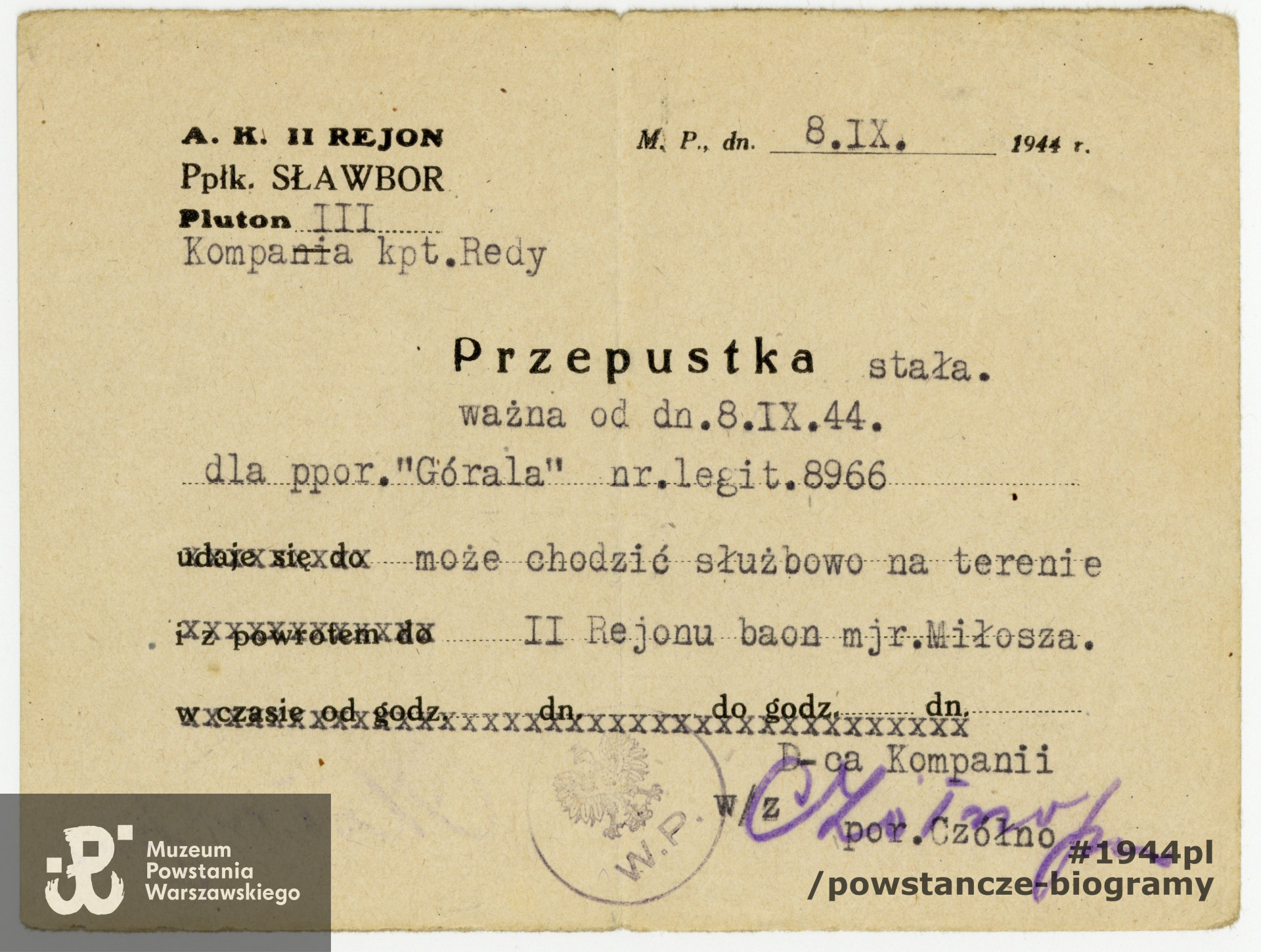 Przepustka stała upoważniająca do poruszania się w Śródmieściu po terenie  Rejonu II.Dokument wystawiony dn. 08.09.1944. Z z archiwum rodzinnego p. Krystyny Kujawy - Trzaskowskiej.