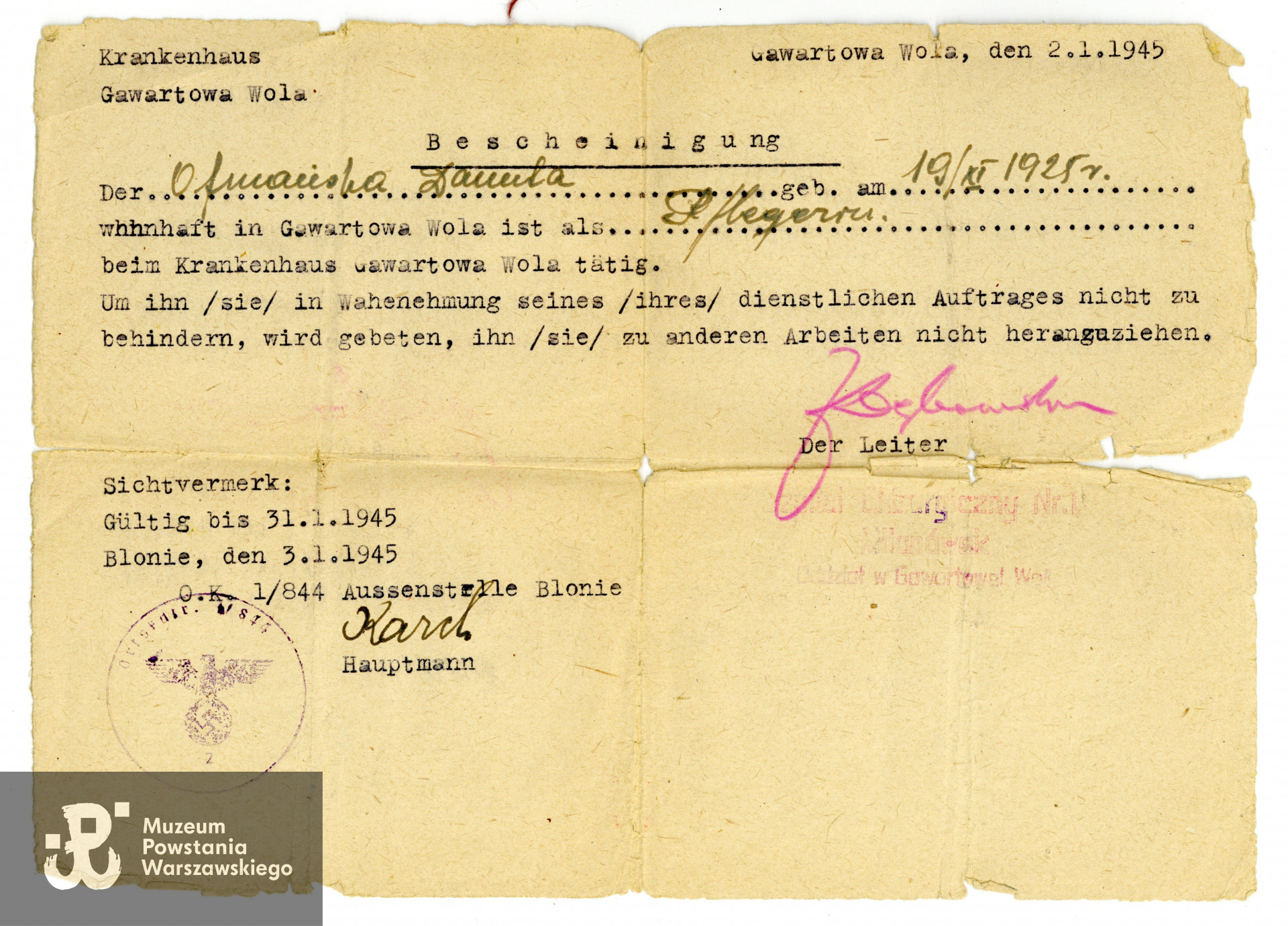 Zaświadczenie (Bescheinigung) wystawione na nazwisko [sic!] Danuta Ofmańska, dokument z dn. 02.01.1945 r.  Ze zbiorów Muzeum Powstania Warszawskiego, sygn. P/9735/23