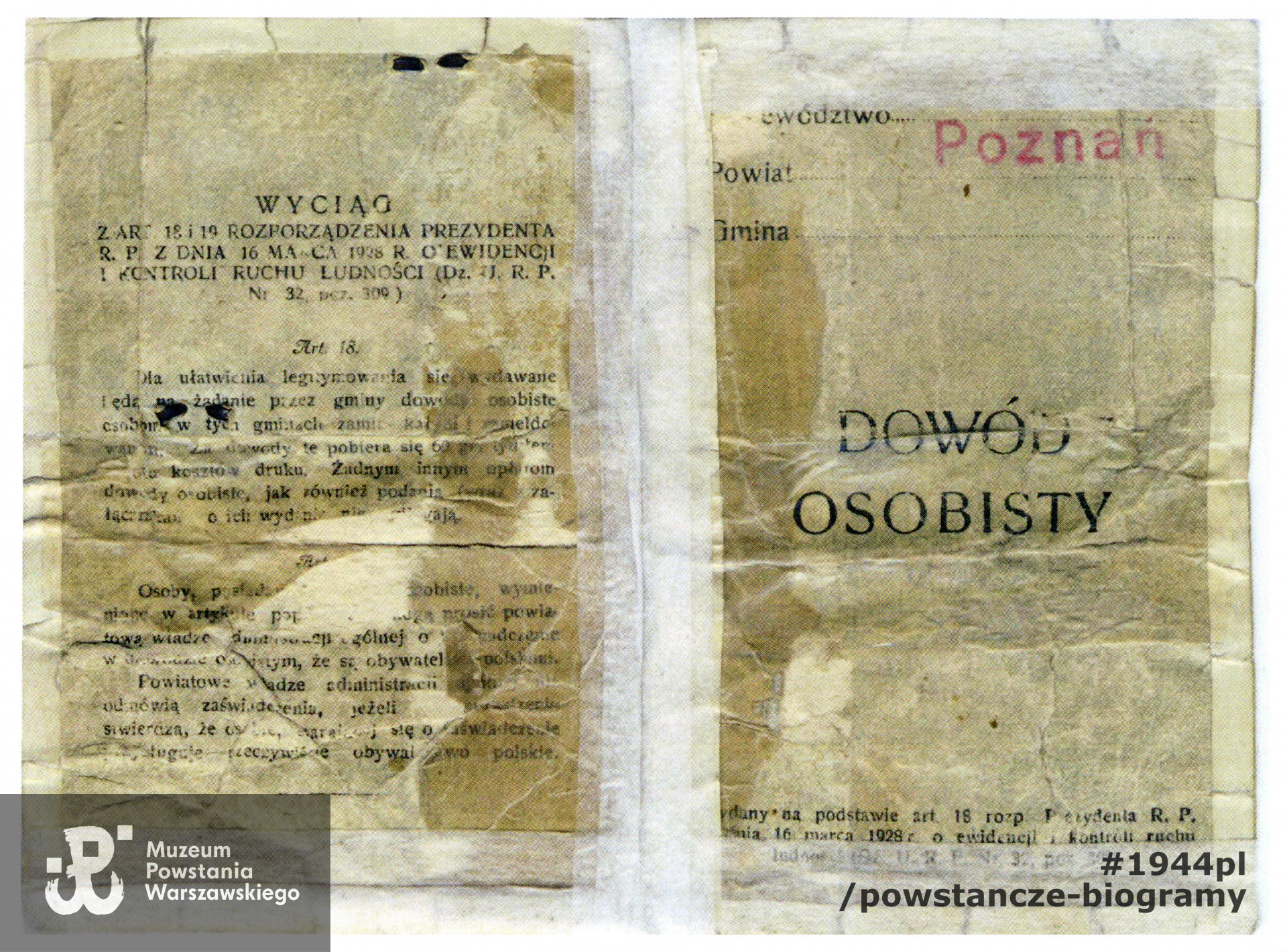 Pozostałe dokumenty: dowód osobisty, Poznań, lata 30-te.  Ze zbiorów rodzinnych