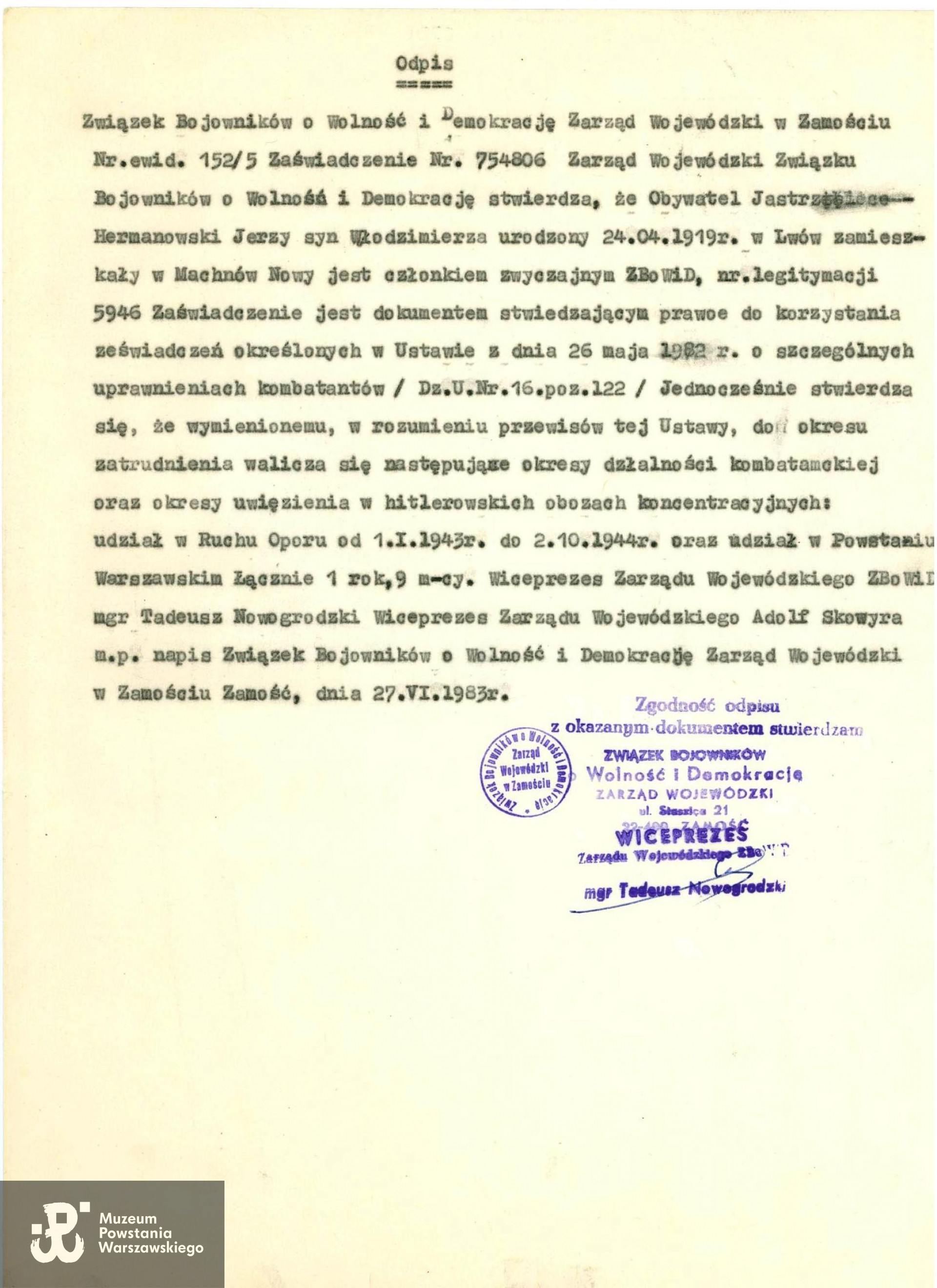 Zaświadczenie ZBoWiD - Zarząd Wojewódzki w Zamościu.  Ze zbiorów rodzinnych p. Ewy Mączewskiej z domu Jastrzębiec - Hermanowskiej.