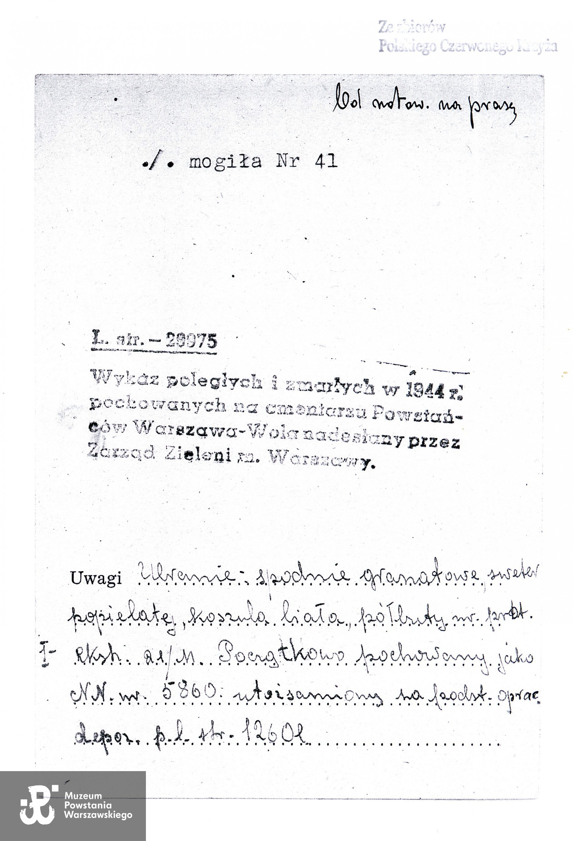 Polski Czerwony Krzyż - kartoteka, zapiski dotyczące ekshumacji 