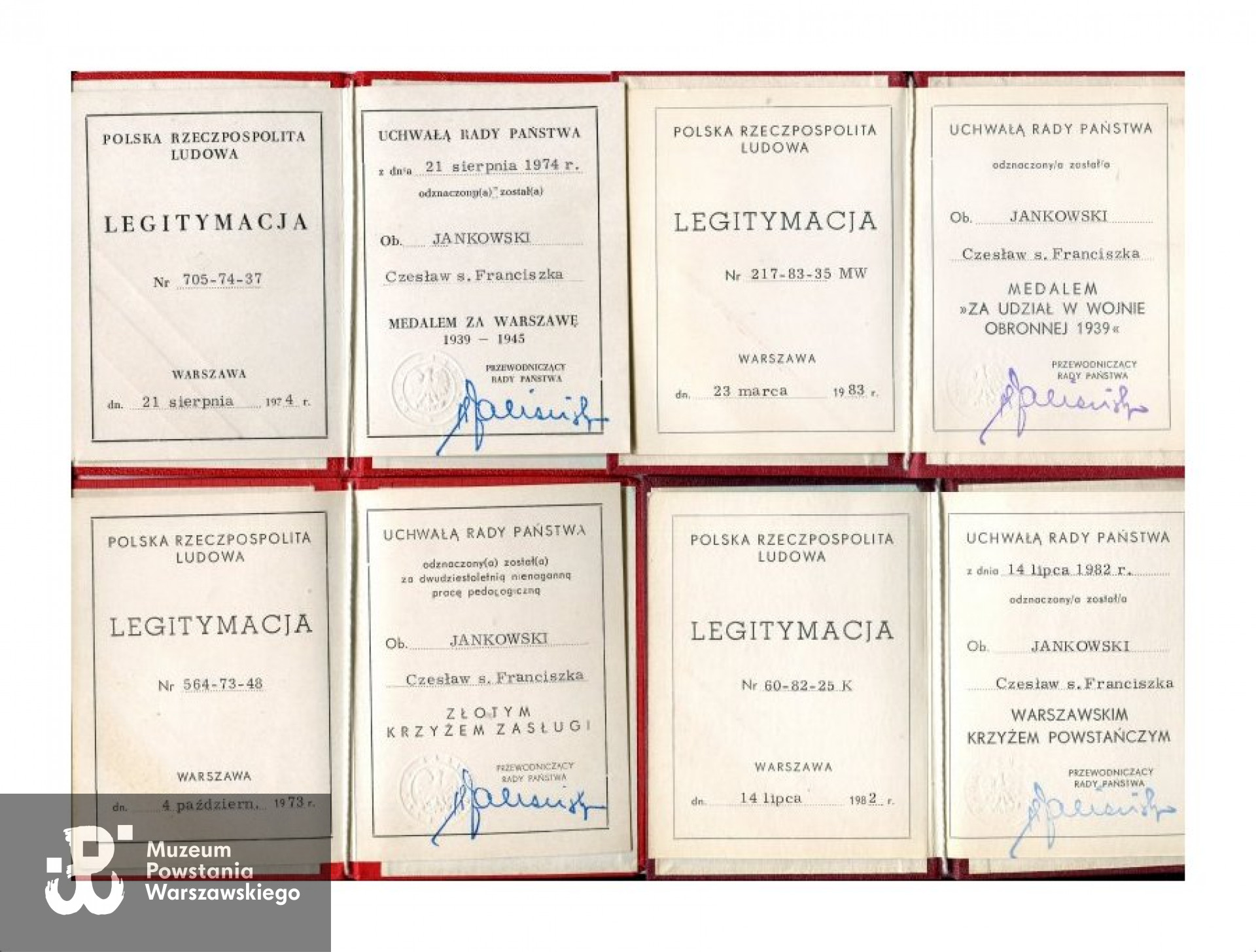 Legitymacje odznaczeniowe Czesława Jankowskiego. Skan udostępnił p. Tadeusz  Cytrynowicz, syn  stryjecznej siostry Czesława Jankowskiego