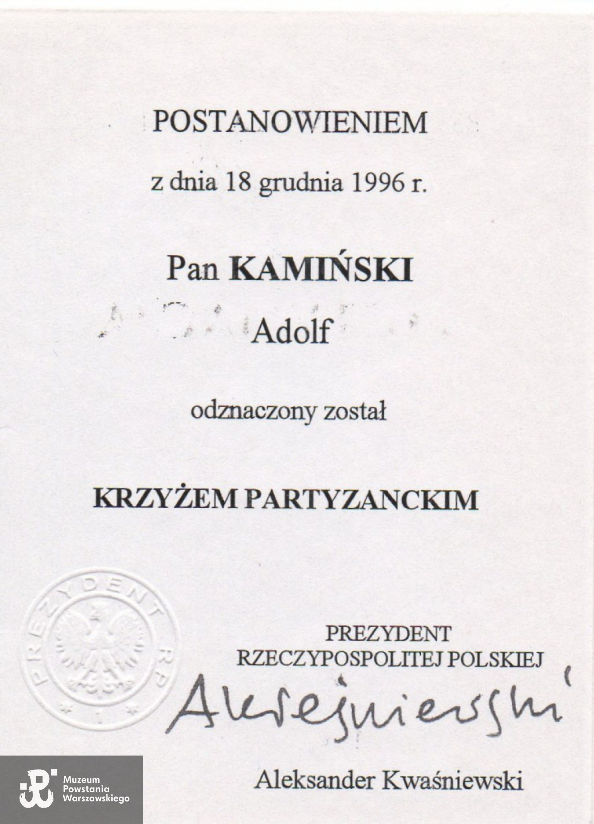 Krzyż Partyzancki. Legitymacja z  archiwum rodzinnego  p. Edwarda Kamińskiego
