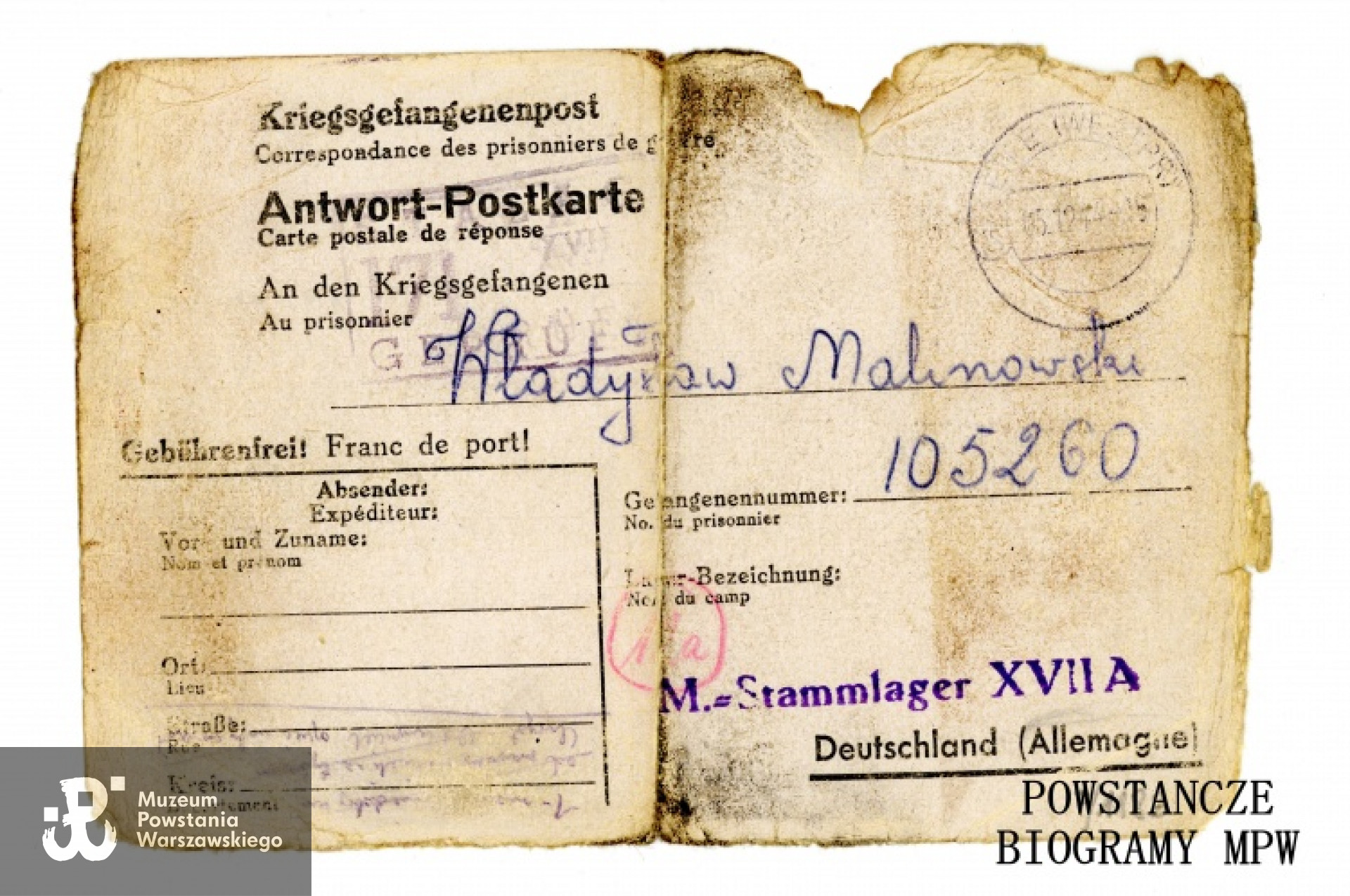 List do obozu jenieckiego na fałszywe nazwisko Władysława Malinowskiego (Włodzimierz Wiśniewski). Ze zbiorów Muzeum Powstania Warszawskiego, sygn. P/1183, dar Włodzimierza Wiśniewskiego "Szczerby"