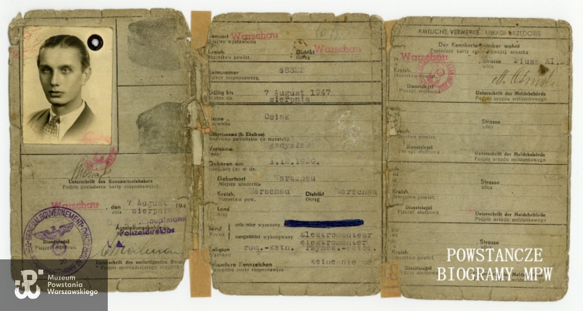 Kenkarta ze zdjęciem wystawiona na nazwisko Władysława Osiaka.  Ze zbiorów Muzeum Powstania Warszawskiego, sygn. P/3091, dar Stefanii Osiak