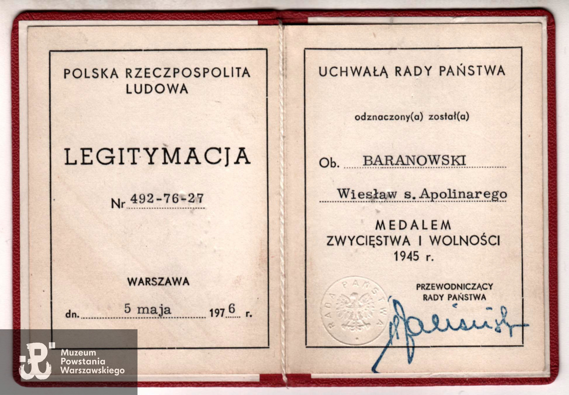 Legitymacja odznaczeniowa  - Medal Zwycięstwa i Wolności. Dokument ze zbiorów rodzinnych, skan udostępnił p. Sebastian Baranowski, wnuk Powstańca.