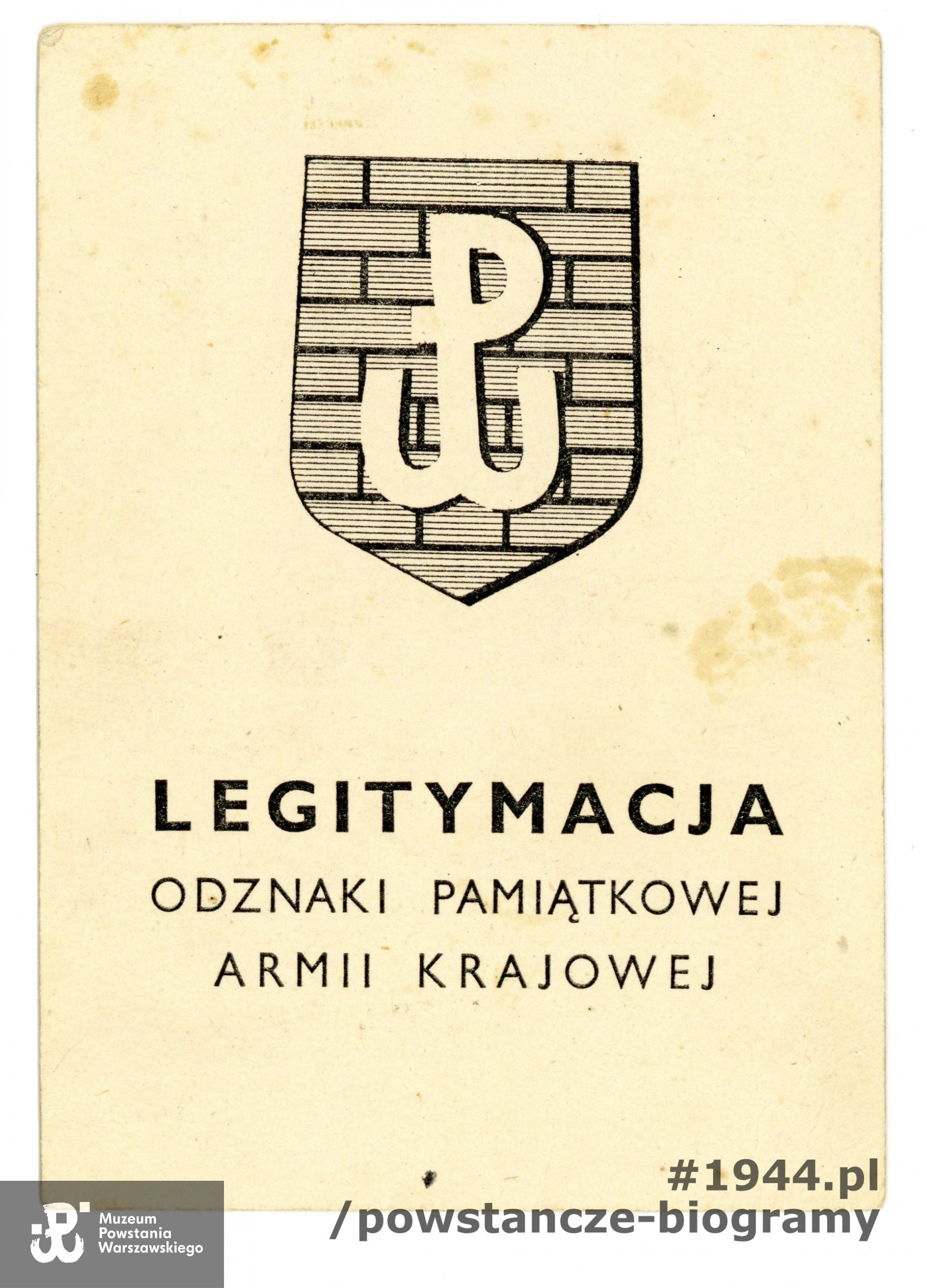 Legitymacja Odznaki Pamiątkowej Armii Krajowej. Ze zbiorów Muzeum Powstania Warszawskiego, P/2505