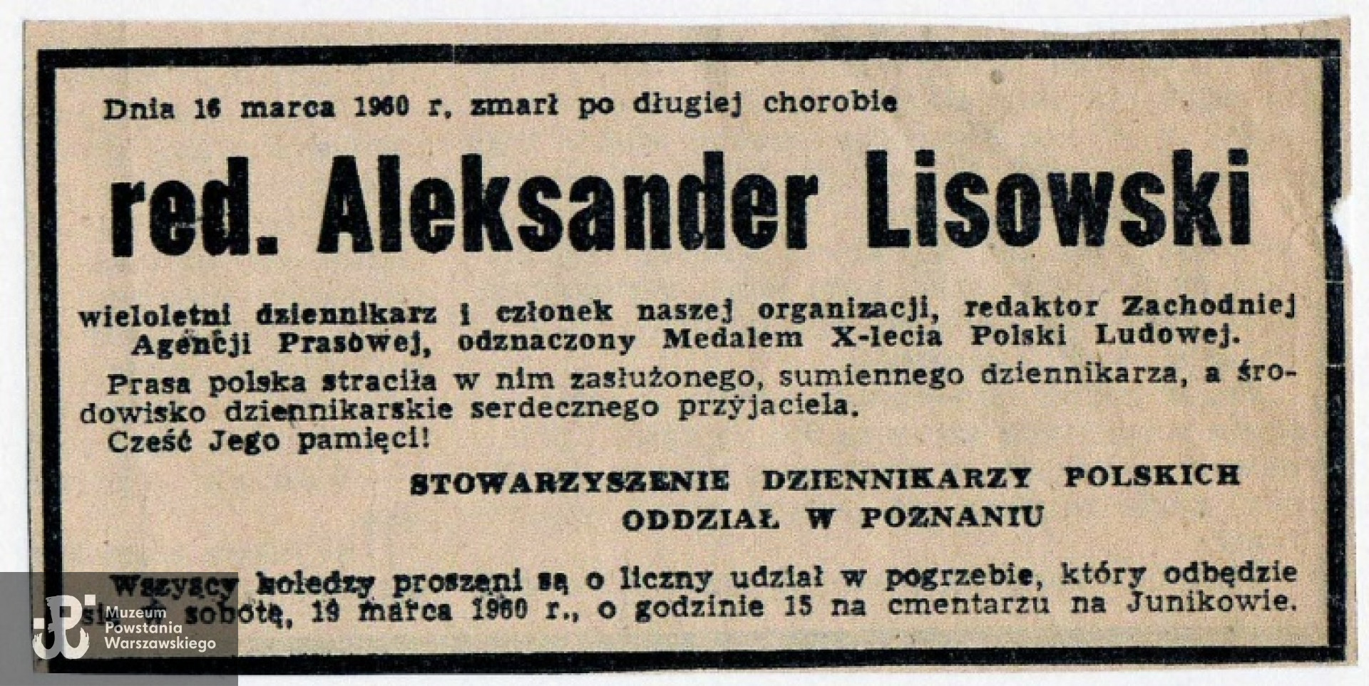 Nekrolog zamieszczony w prasie poznańskiej