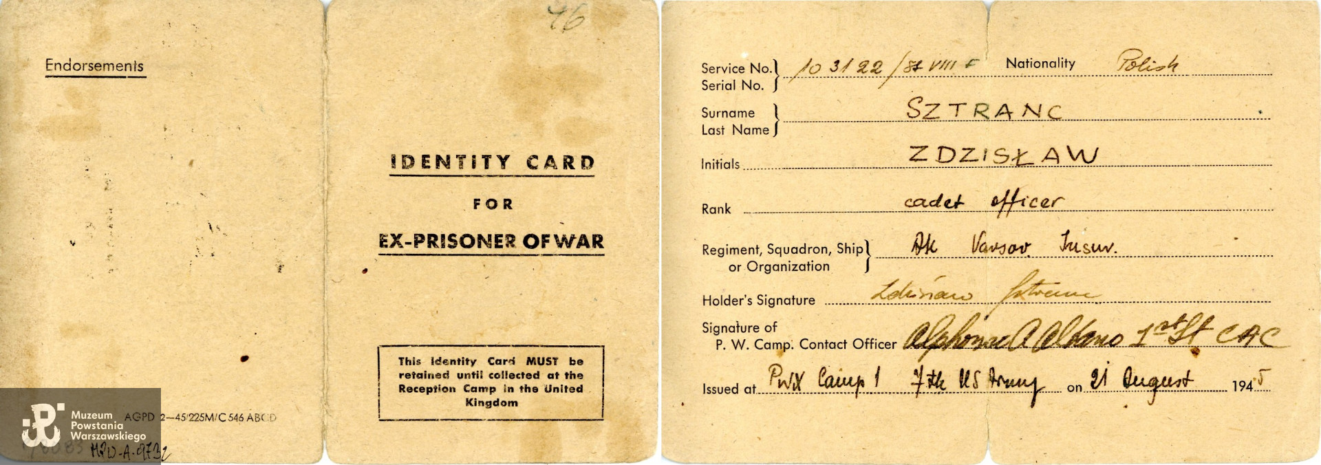 Karta identyfikacyjna b. jeńca wojennego, należąca do Zdzisława Sztranca. Zbiory Muzeum Powstania Warszawskiego; sygn. MPW-A-9732.