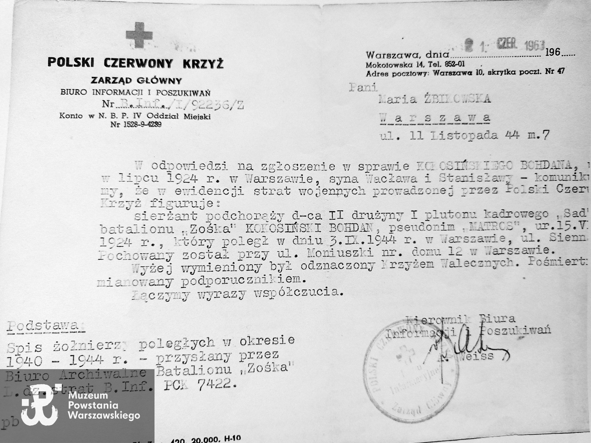 Biuro Informacji i Poszukiwań Polskiego Czerwonego Krzyża - wyciąg z akt.  Skan udostępnił p. Remigiusz Stefani