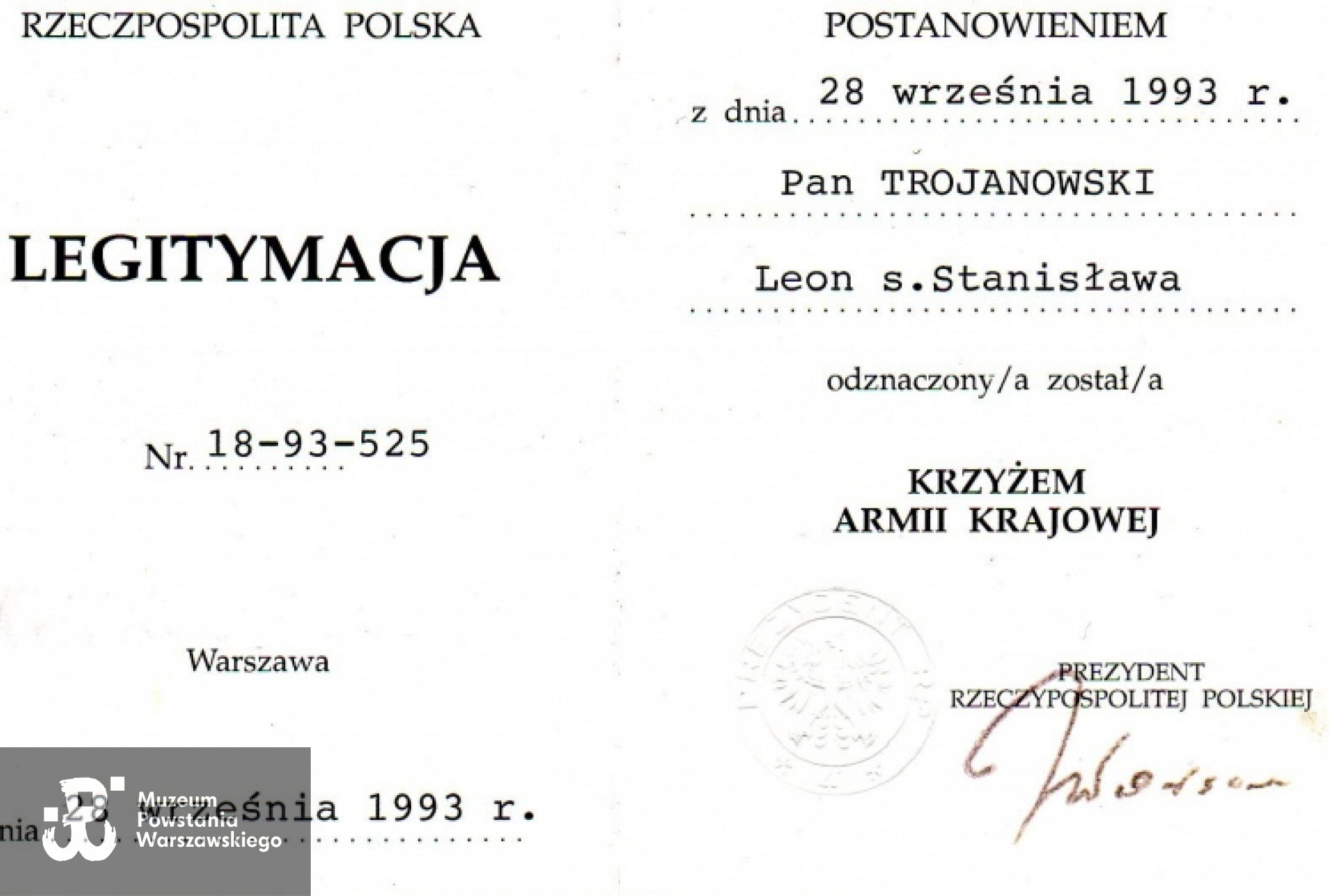 Legitymacja odznaczenia Krzyżem AK. Z archiwum rodzinnego Eweliny Dreli