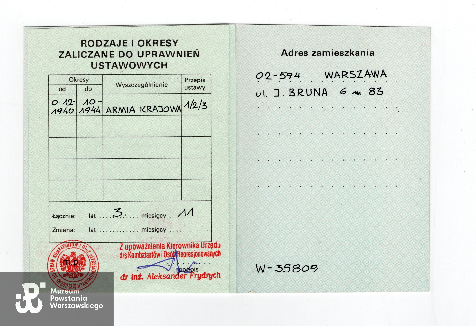 Zaświadczenie wydane przez Urząd ds Kombatantów i Osób Represjonowanych - zaliczony okres służby od  grudnia 1940 roku do października 1944 r. Ze zbiorów rodzinnych p. Bożeny Teresy Sroczyńskiej