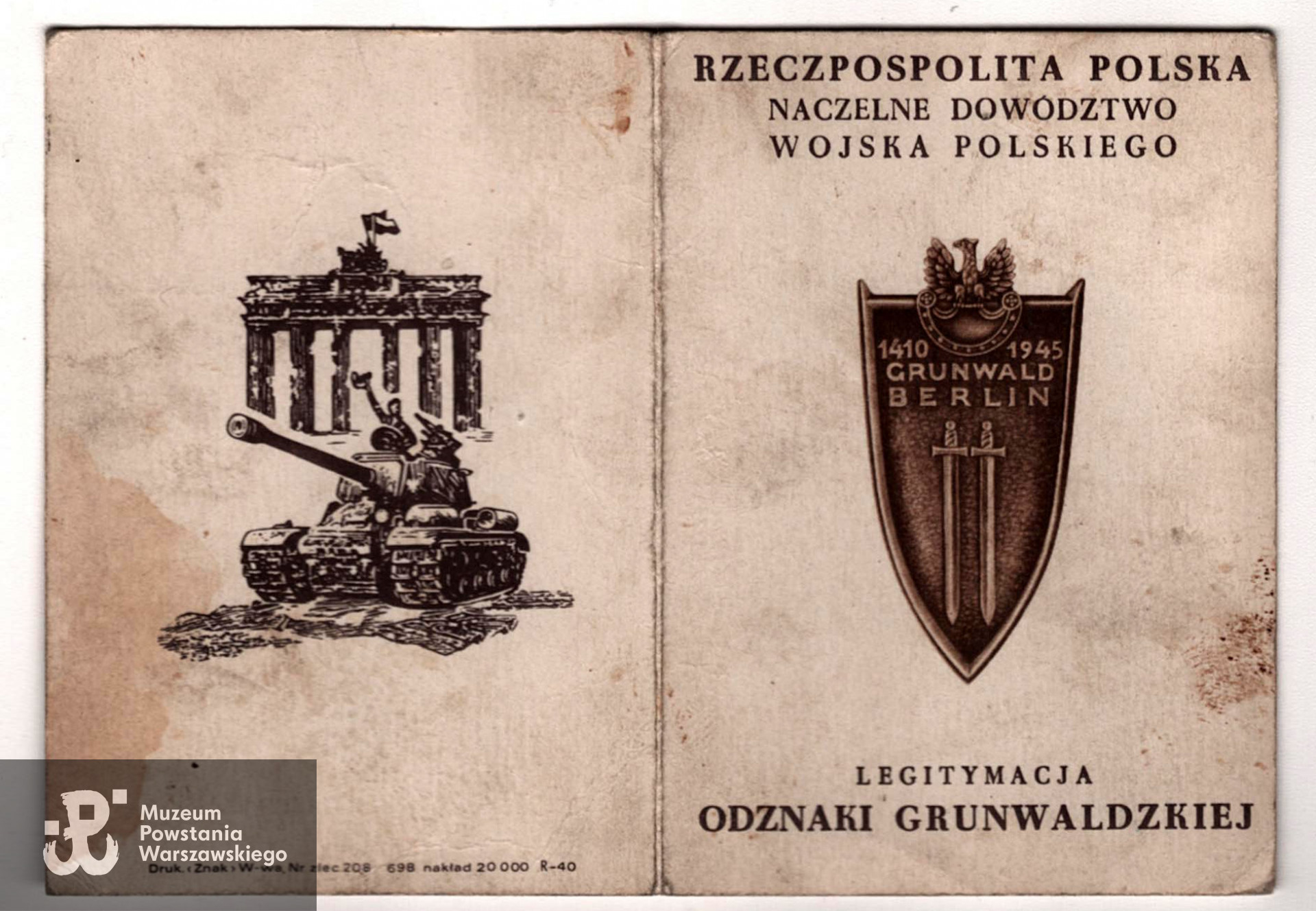 Legitymacja odznaczeniowa  - Odznaka Pamiątkowa Akcji Burza. Dokument ze zbiorów rodzinnych, skan udostępnił p. Sebastian Baranowski, wnuk Powstańca.