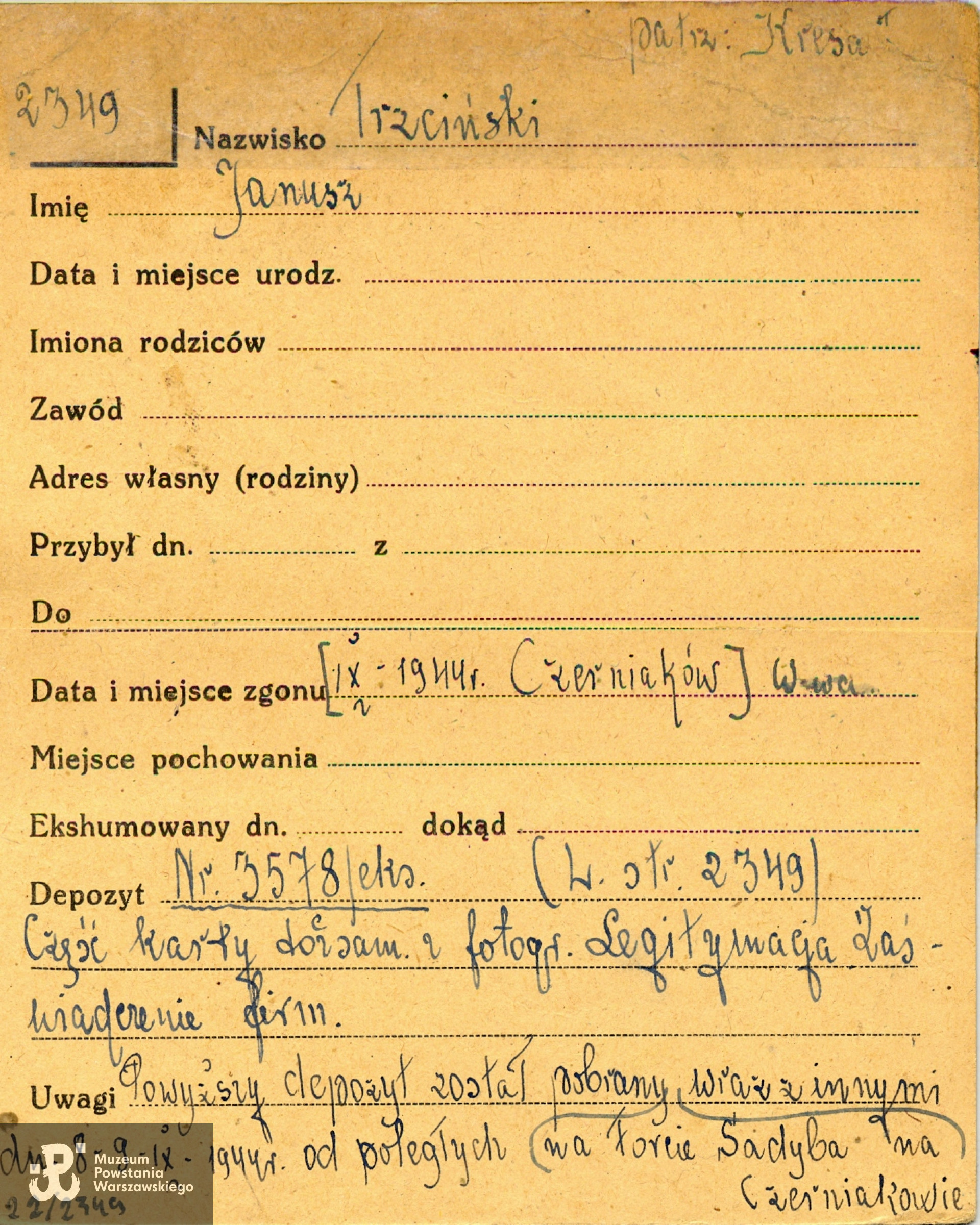 Polski Czerwony Krzyż - kartoteka poszukiwań, Lista strat 2349 - depozyt z ekshumacji, nr  3578, pobrany w dniach 8-9.09.1944 od poległych na Forcie Sadyba na Czerniakowie.