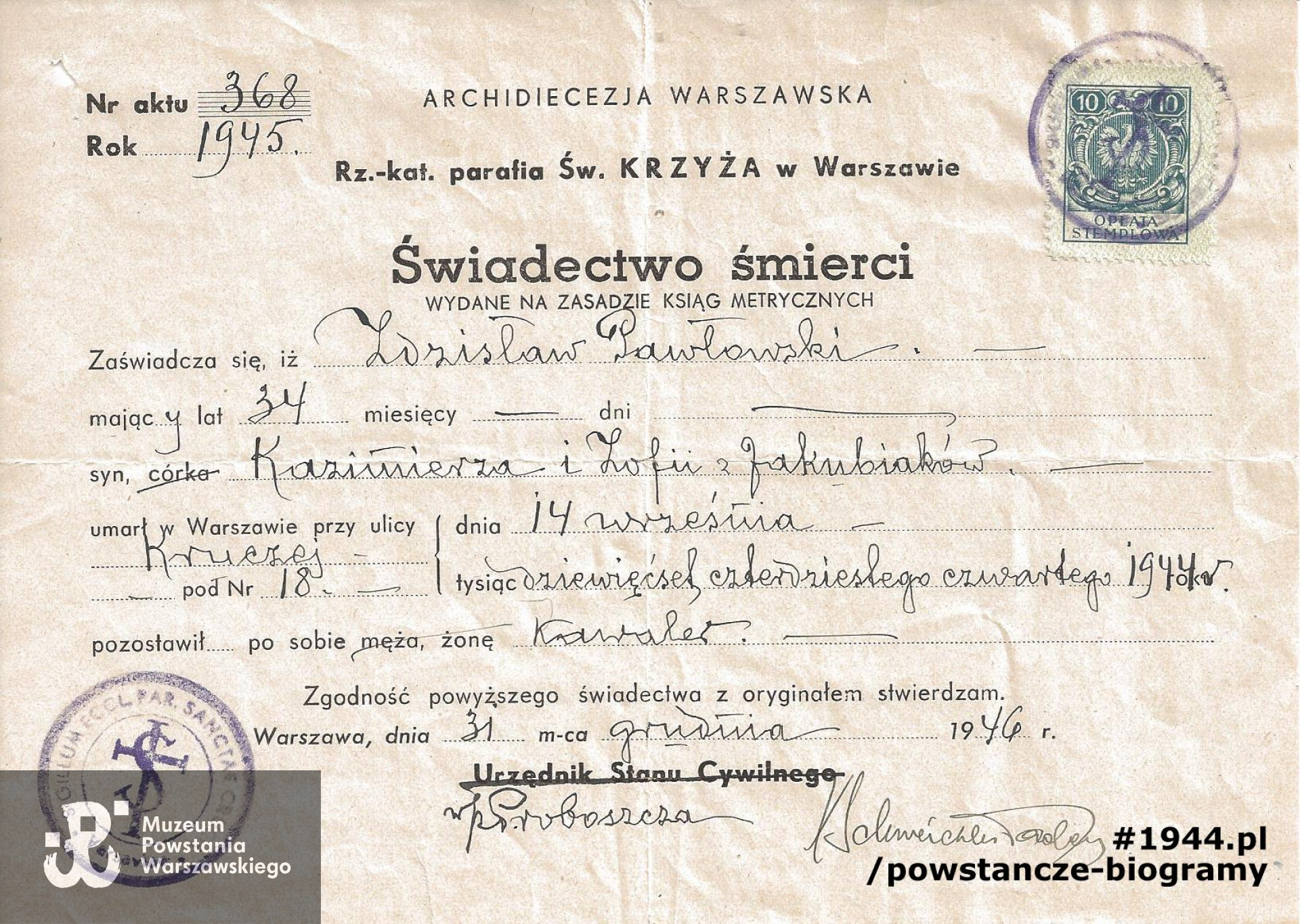 Świadectwo śmierci wydane na zasadzie ksiąg metrycznych. Z archiwum rodzinnego udostępnił p. Łukasz Młodawski