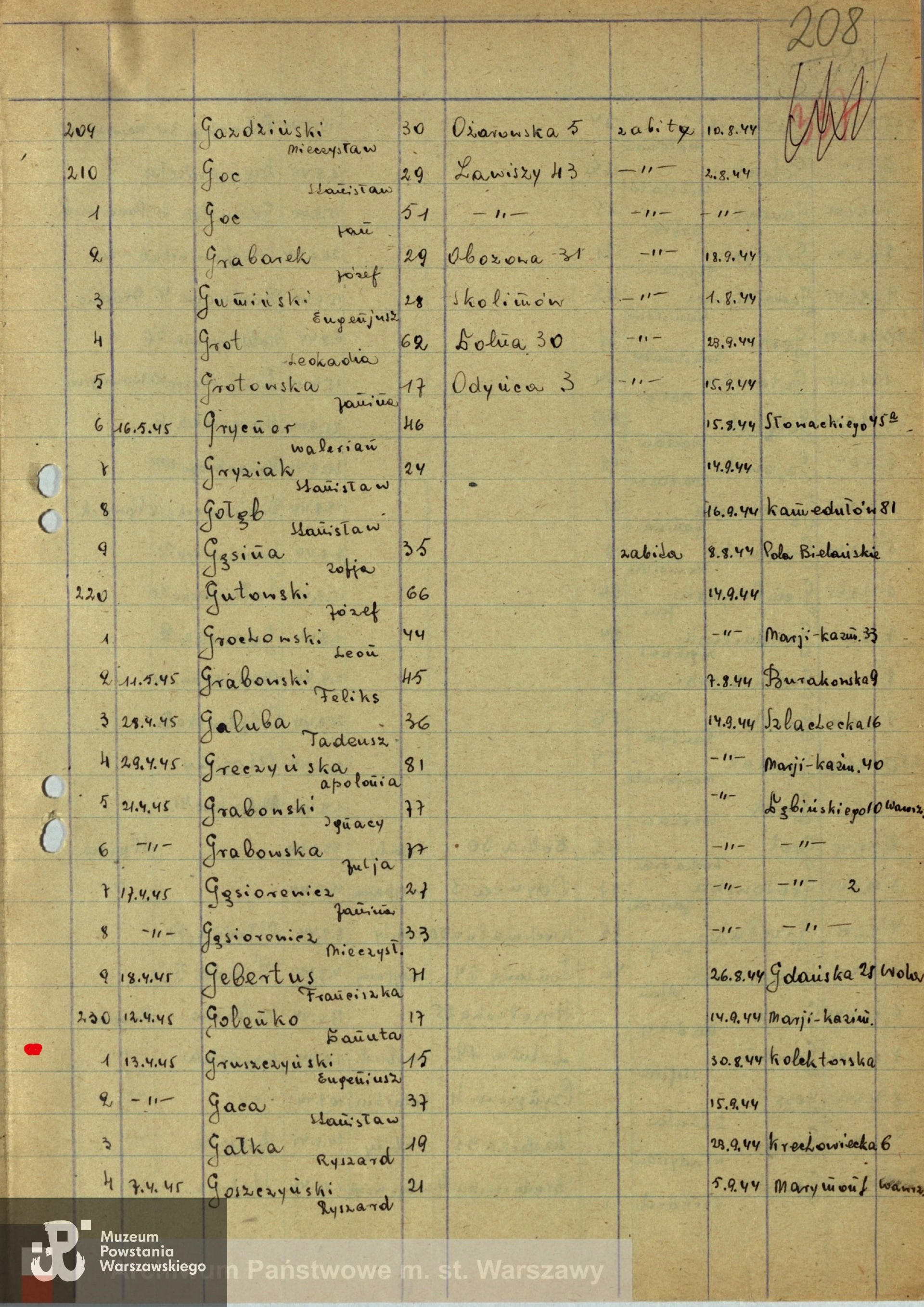 Lista ekshumacyjna ze zbiorów Archiwum Państwowego m. st. Warszawy