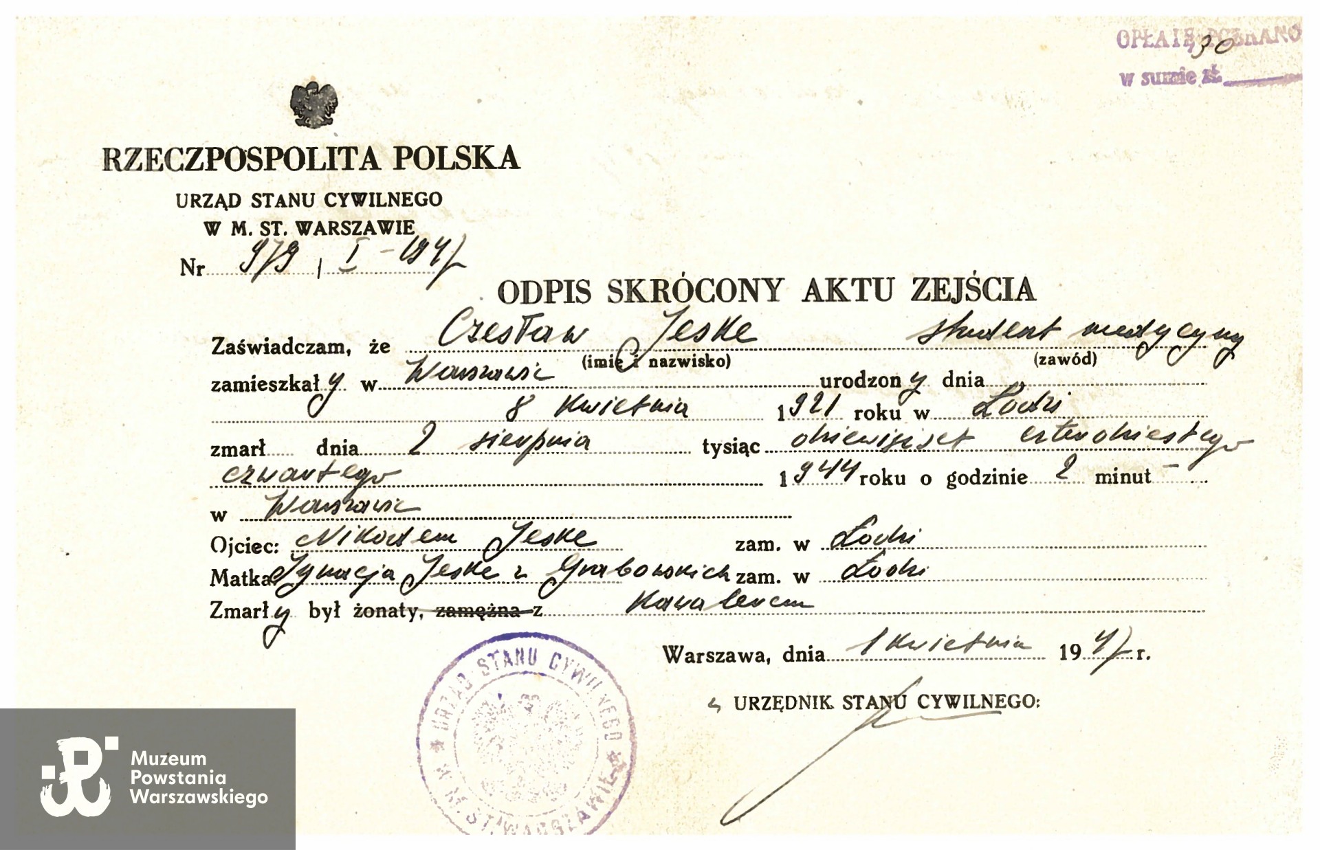 Skan dokumentu nadesłał p. Przemysław Czarnocki 