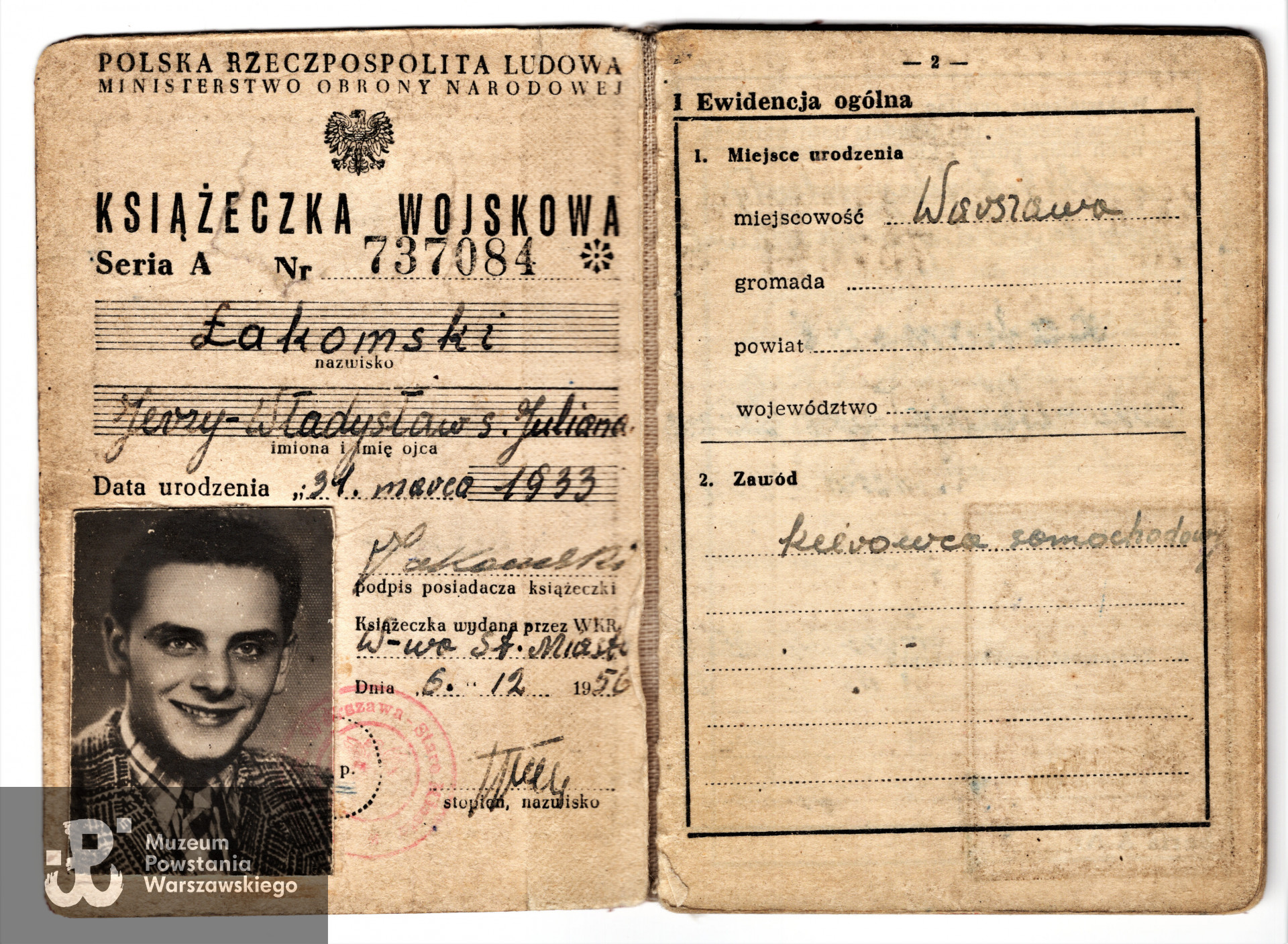 Powojenna książeczka wojskowa Jerzego Łakomskiego. Ze zbiorów prywatnych p. Jerzego Łakomskiego ps. Kajtek