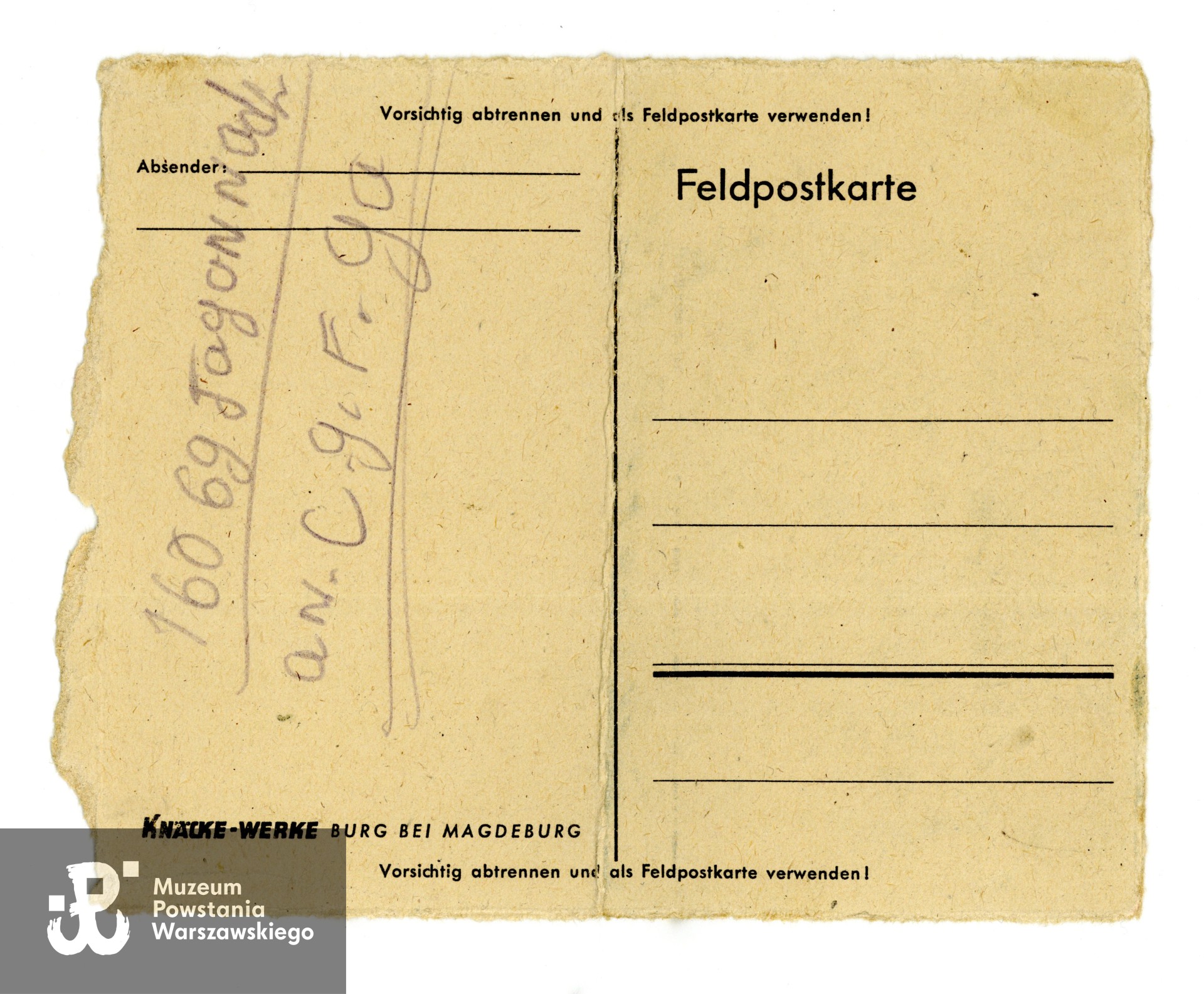 Formularz niemieckiej karty pocztowej (niewypełniony, notatki ołówkiem). Ze zbiorów Muzeum Powstania Warszawskiego, sygn. P/9897, dar p. Ewy Sygalt-Synowieckiej i p. Mariusza Synowieckiego
