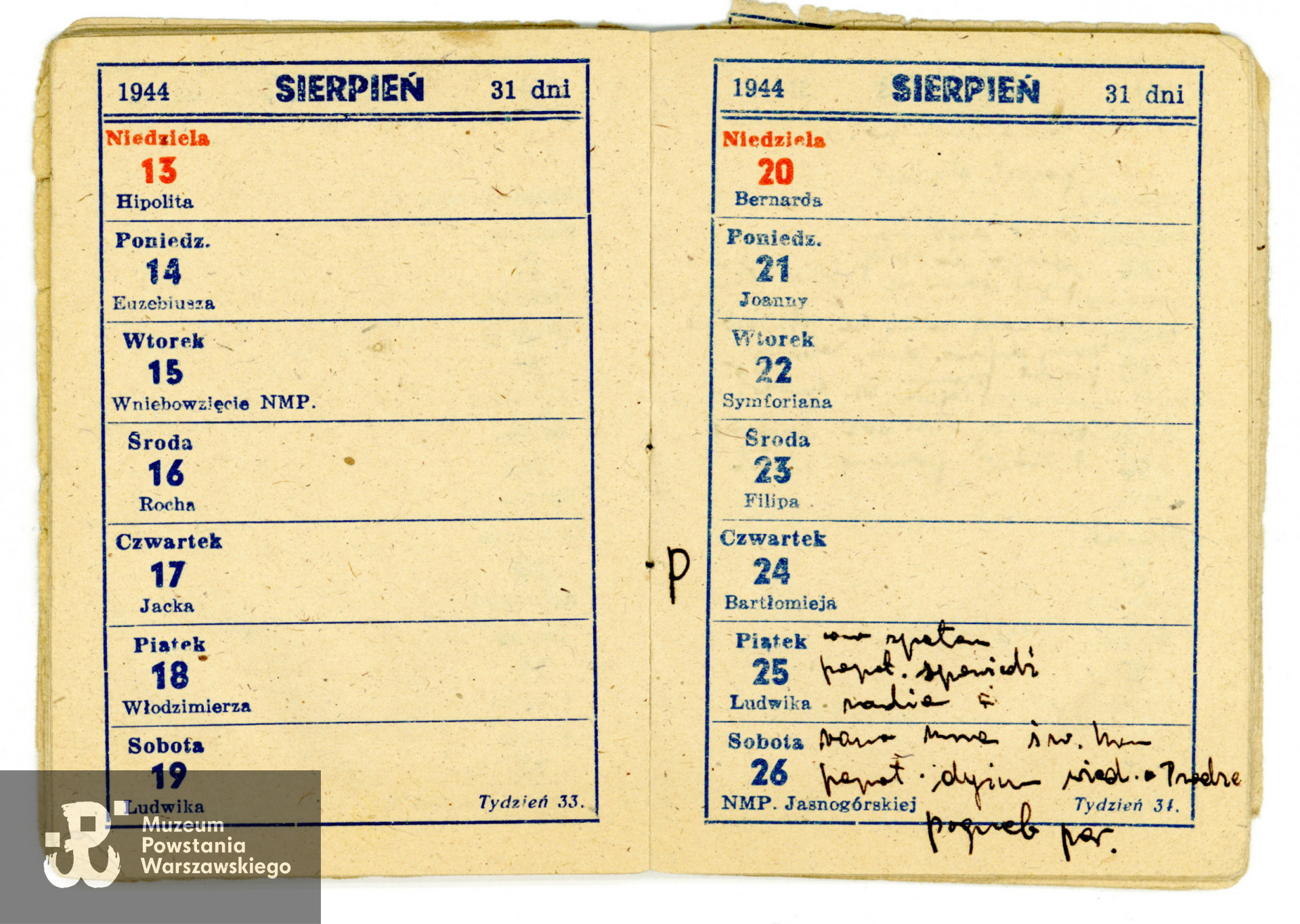 Kalendarzyk z 1944 roku z zapiskami z sierpnia. Ze zbiorów rodzinnych, udostępnili p. Jacek Krzysztof Moskwa i p. Stanisław  Piotr Moskwa, synowie. Skany wykonano w Muzeum Powstania Warszawskiego, 03/2024