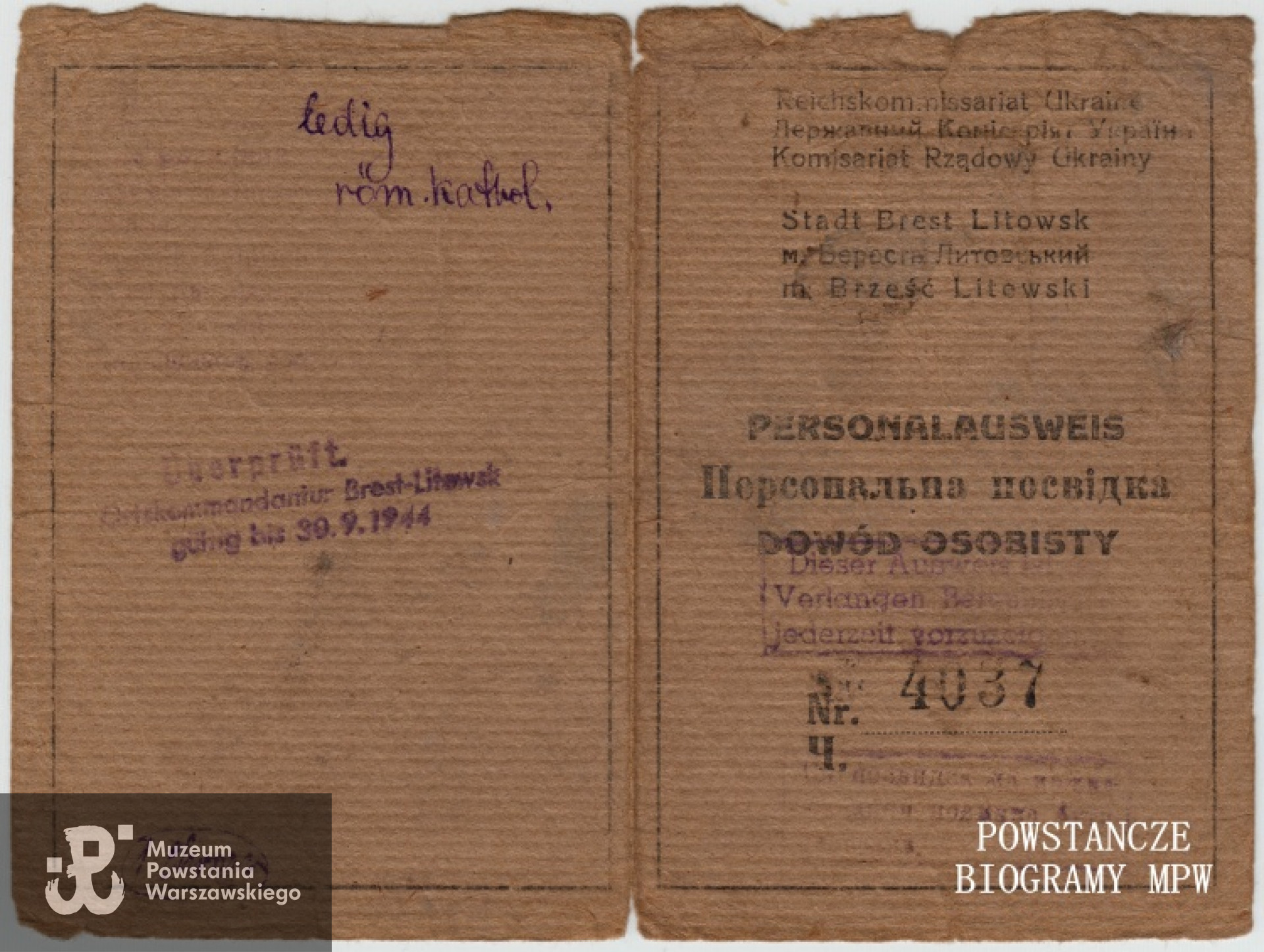 Dowód osobisty Wiesława wydany Brześciu Litewskim w 1941 r.  Z archiwum rodzinnego Andrzeja Michela.