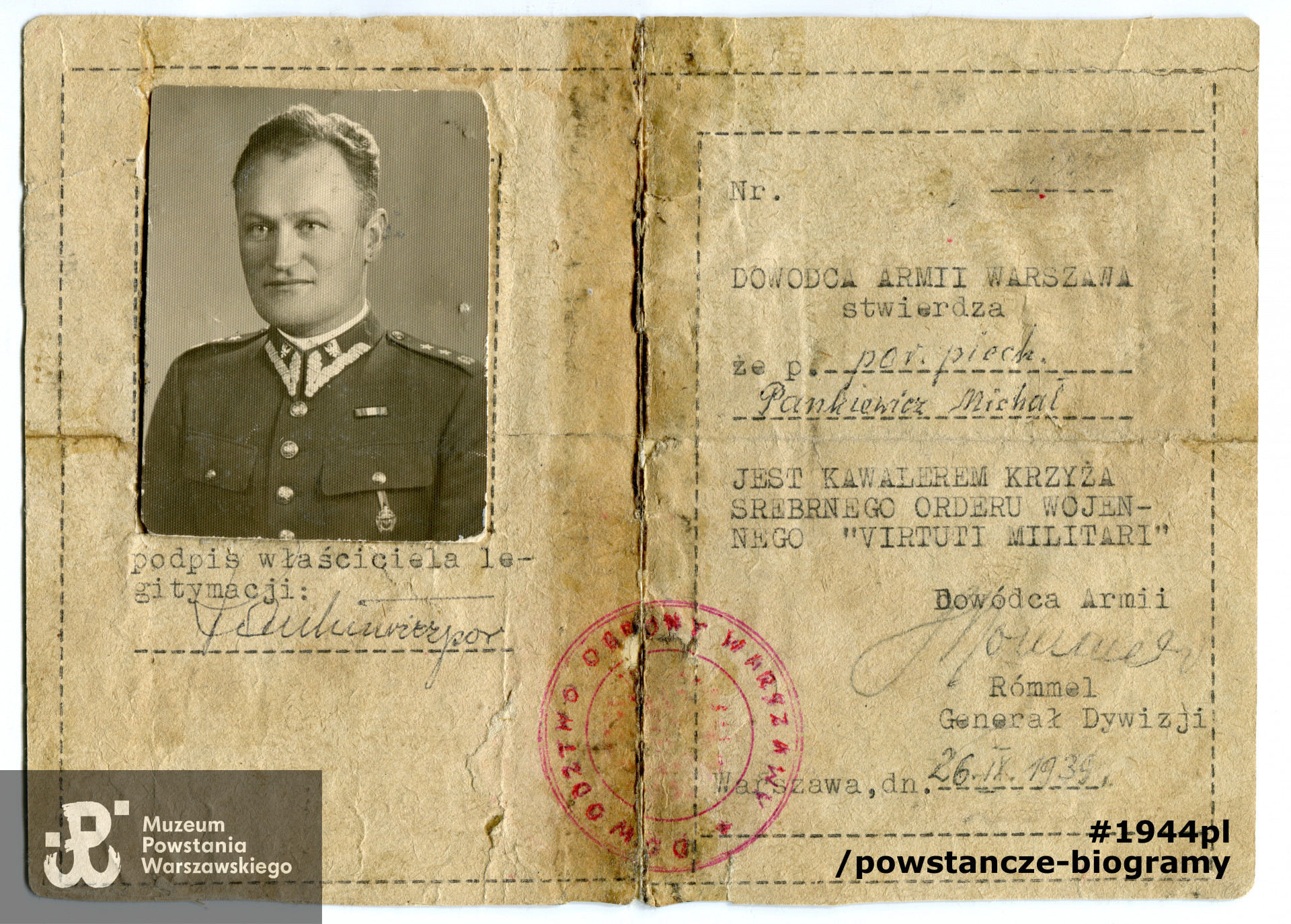 Legitymacja poświadczająca odznaczenie Orderem Wojennym Virtuti Militari. Dokument z archiwum rodzinnego p. Elżbiety Marciniak 