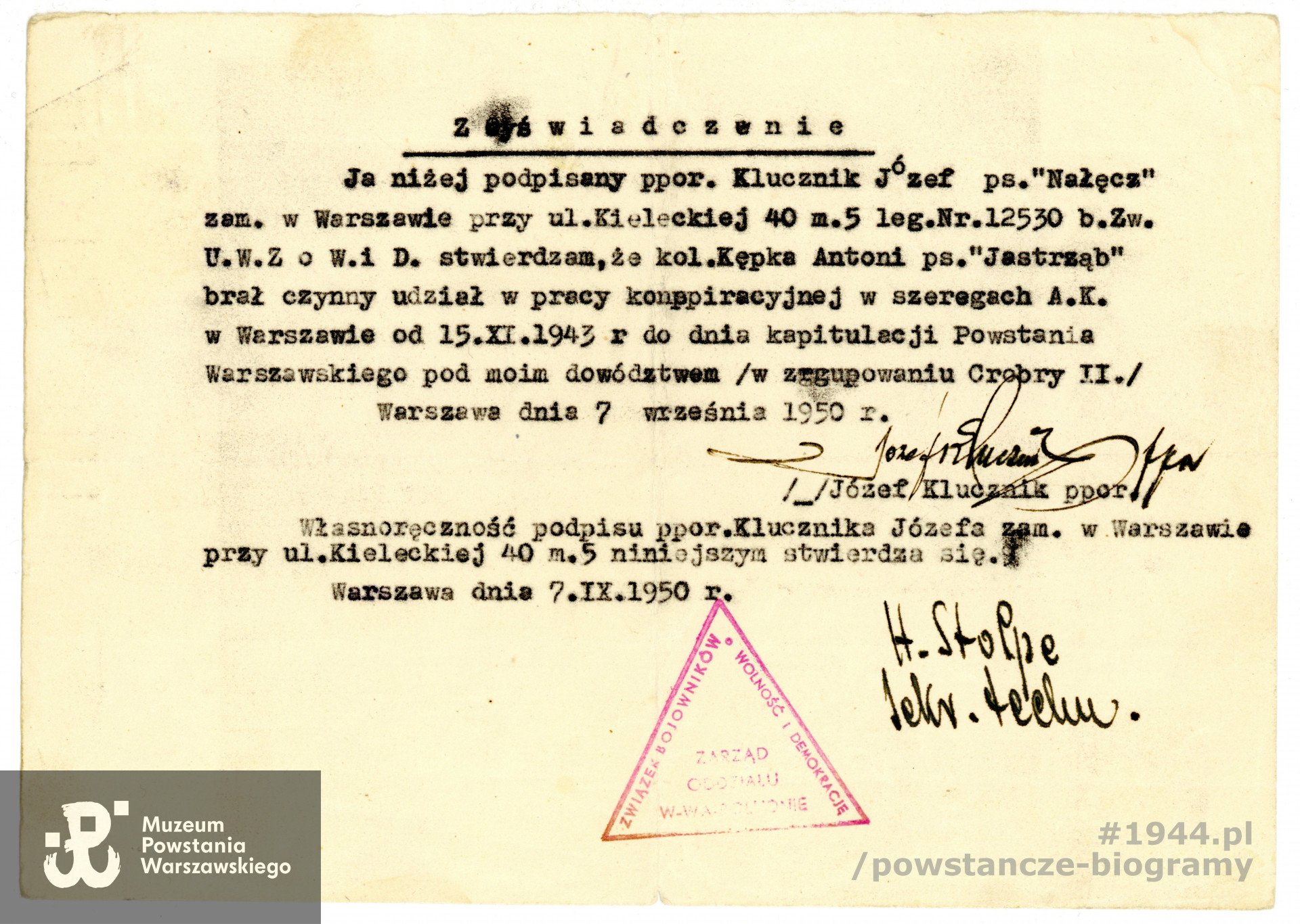 Zaświadczenie dla ZBoWiD, 1950 r. z archiwum rodzinnego syna, p. Jerzego Kępki