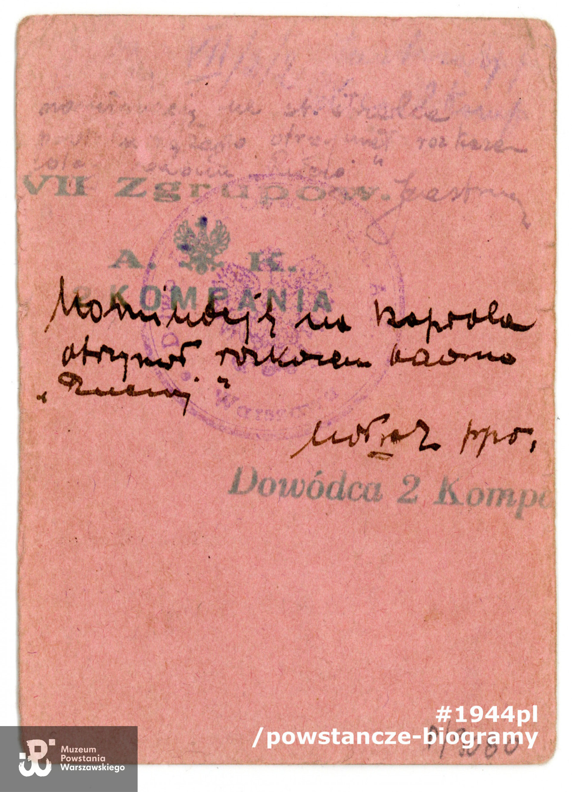  Legitymacja AK wystawiona na nazwisko Wojciech Tabaczkiewicz ps. "Narwicz", rewers dokumentu.  Ze zbiorów Muzeum Powstania Warszawskiego, sygn. P/9080/18