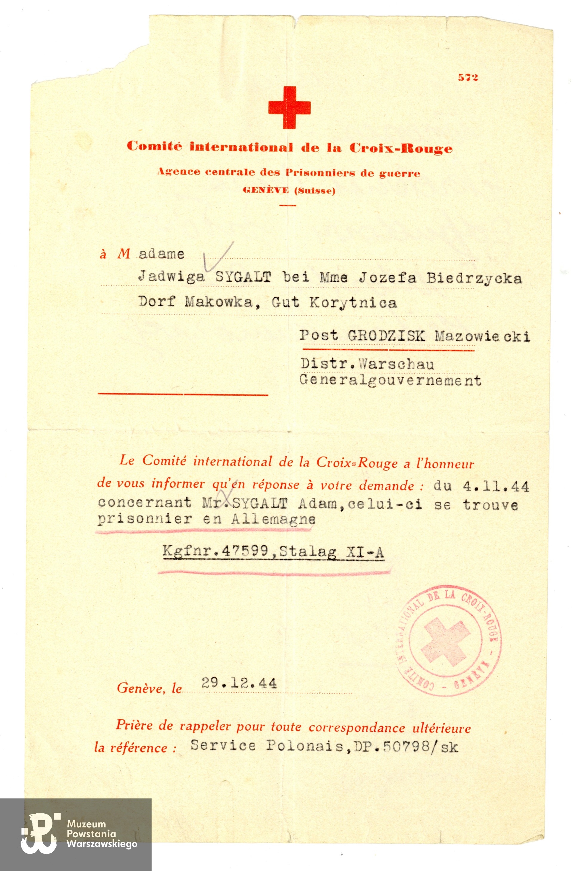 Pismo Międzynarodowego Czerwonego Krzyża, z dn. 29.12.1944, Pismo Międzynarodowego Czerwonego Krzyża, z dn. 29.12.1944 r. Ze zbiorów Muzeum Powstania Warszawskiego, sygn. P/9897, dar p. Ewy Sygalt-Synowieckiej i p. Mariusza Synowieckiego