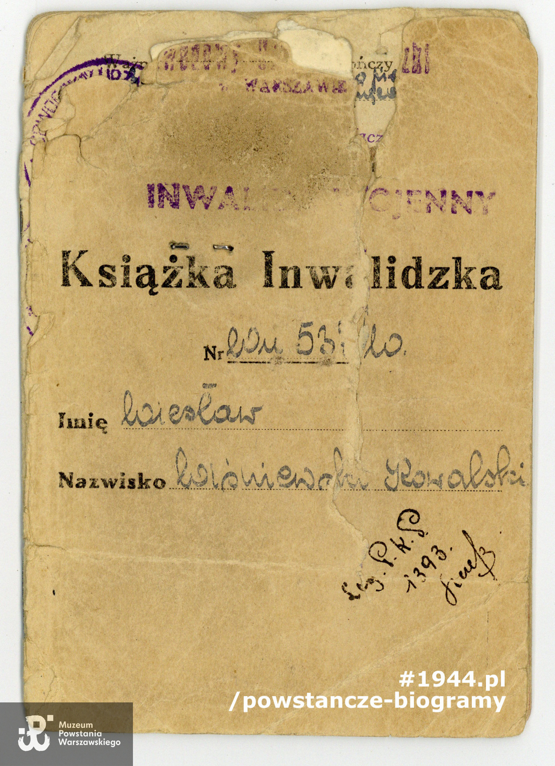 Ze zbiorów Muzeum Powstania Warszawskiego, sygn. P/9191/19 - materiały  przekazane przez żonę, p. Zofię Seniów-Wiśniewską