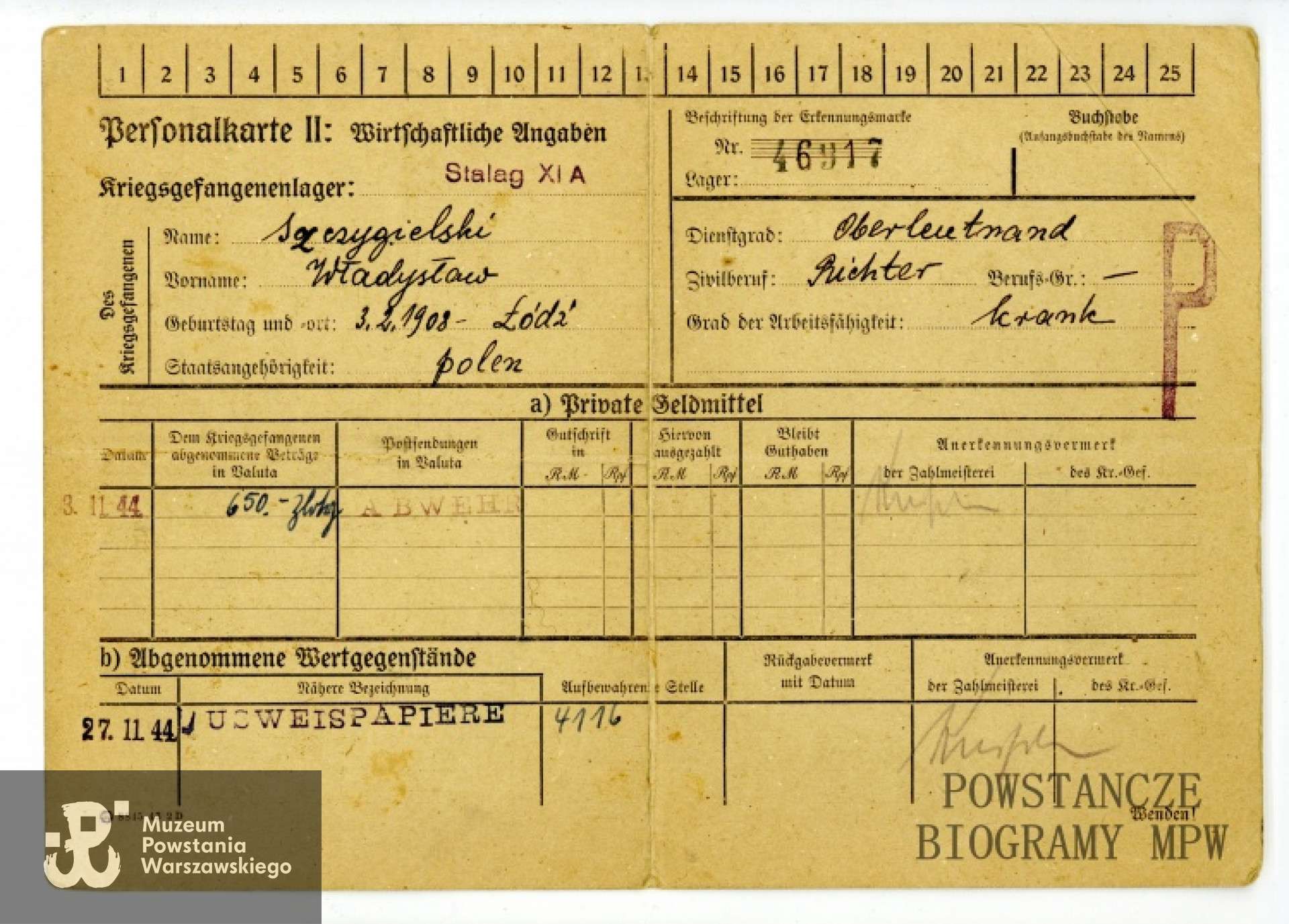 Karta personalna z obozu jenieckiego Stalag XI A Altengrabow. Ze zbiorów Muzeum Powstania Warszawskiego, sygn. P/5450