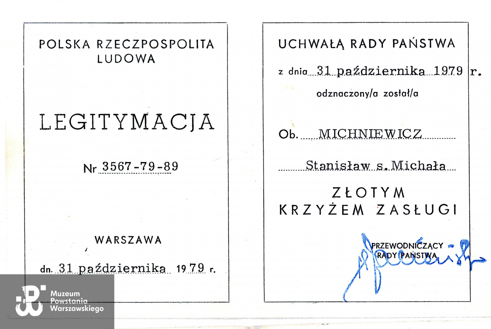 Muzeum Powstania Warszawskiego, Teczki personalne uczestników Powstania Warszawskiego: Michniewicz Stanisław Kazimierz ps. Żbik, skan z kserokopii przekazanej przez córkę Powstańca