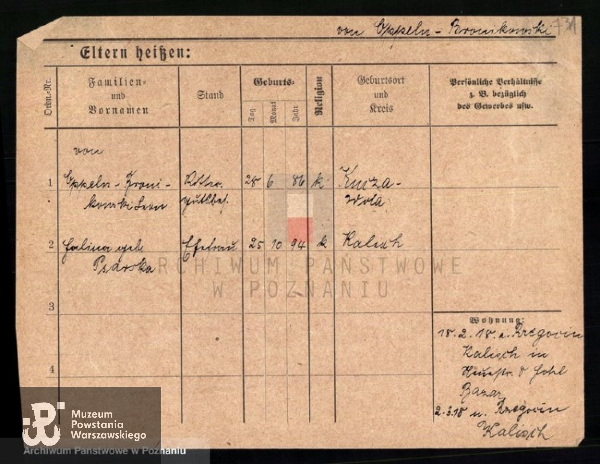 Karty meldunkowe rodziców Ireny Warzyckiej. Fot. z Archiwum Państwowego w Poznaniu.