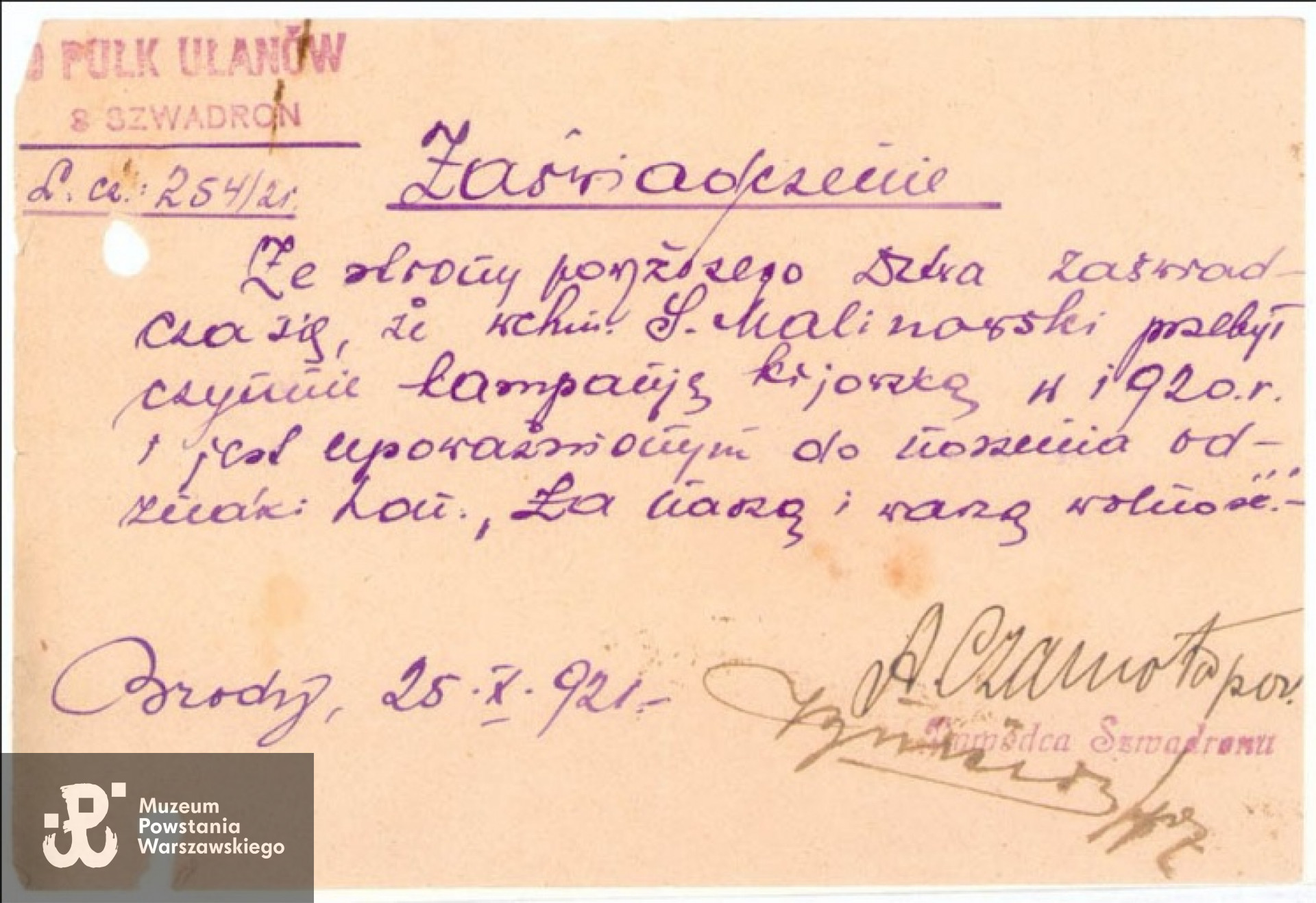 Zaświadczenie o udziale Seweryna Malinowskiego w wojnie polsko-bolszewickiej 1920 roku