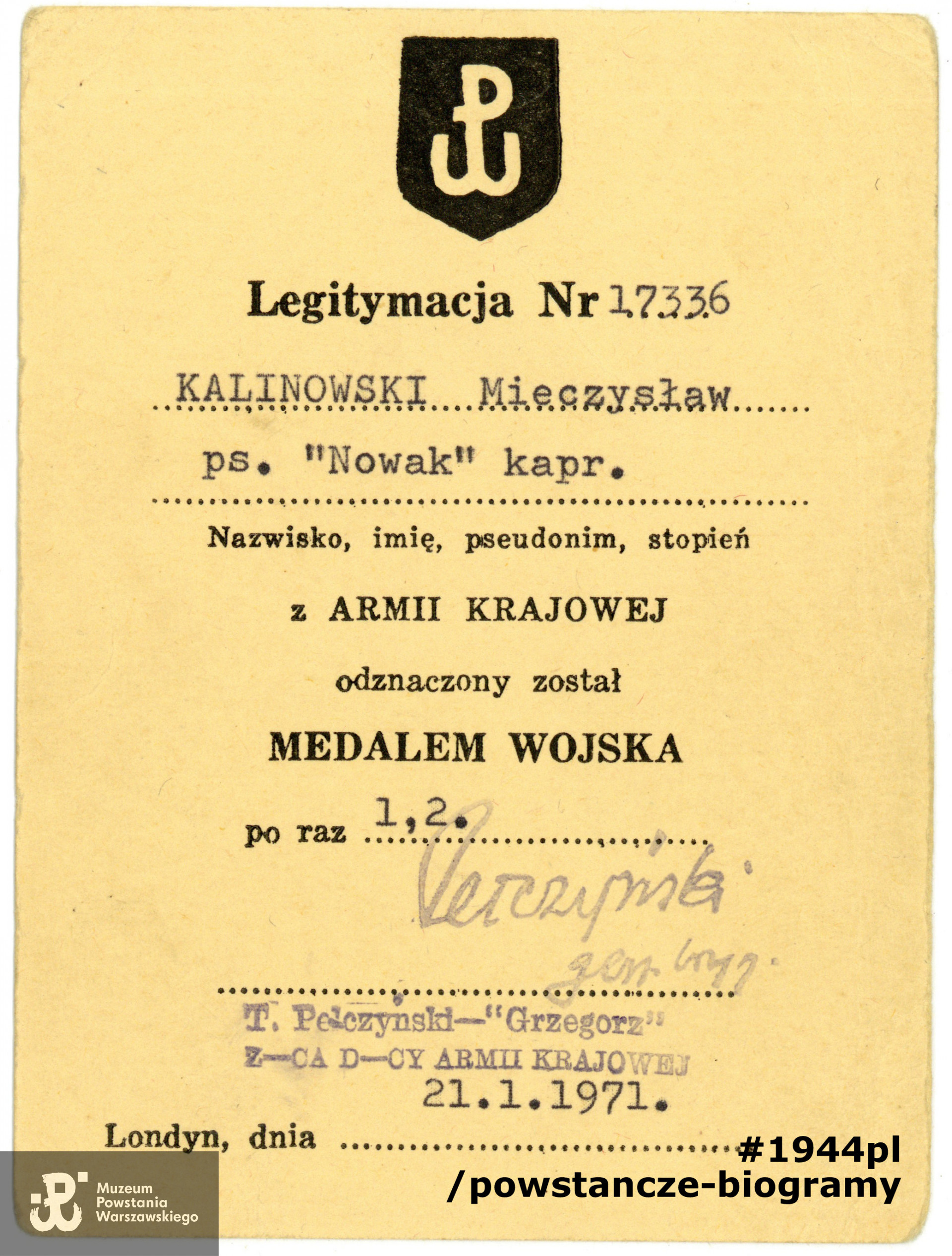 Legitymacja odznaczeniowa - Medal Wojska. Fot. ze zbiorów rodzinnych.