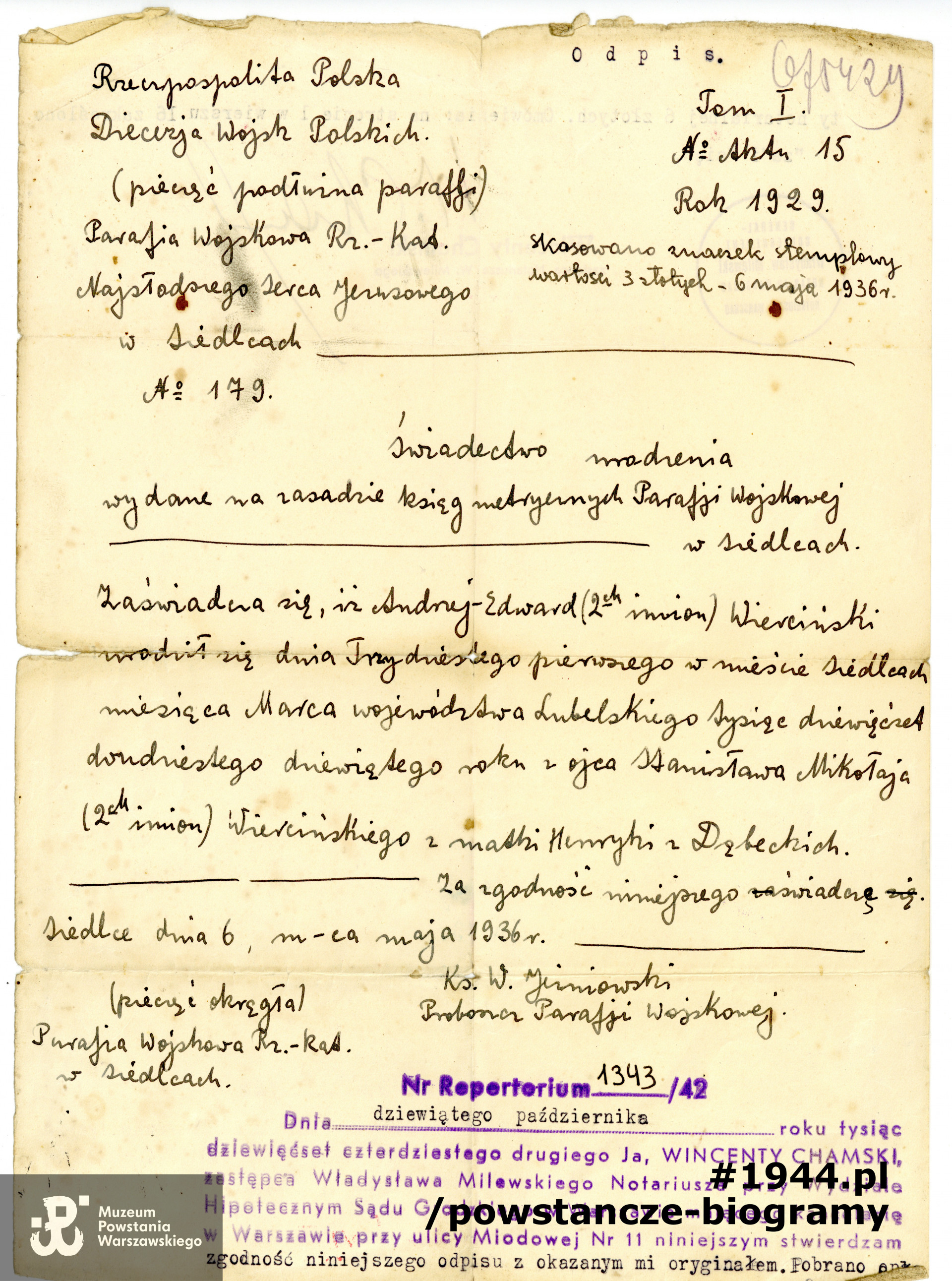 Dokument z archiwum rodzinnego udostępnił  p.  Tomasz Mackowiak