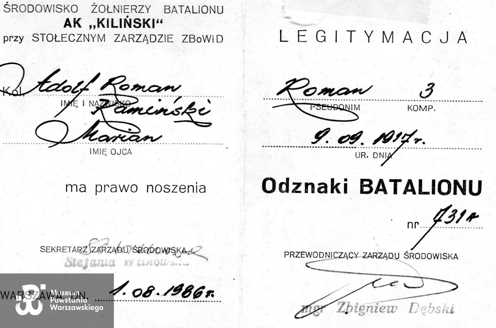Legitymacja Odznaki Pamiątkowej Batalionu "Kiliński".  Z  archiwum rodzinnego  p. Edwarda Kamińskiego