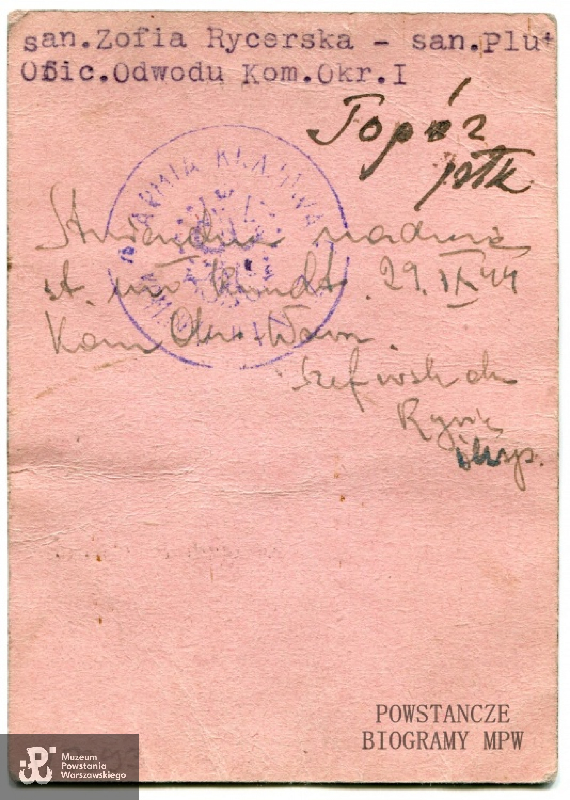 Legitymacja AK należąca do Zofii Nicerskiej. Dokument udostępniony przez p. Barbarę Mioduszewską-Caelles - sygn. P/8293