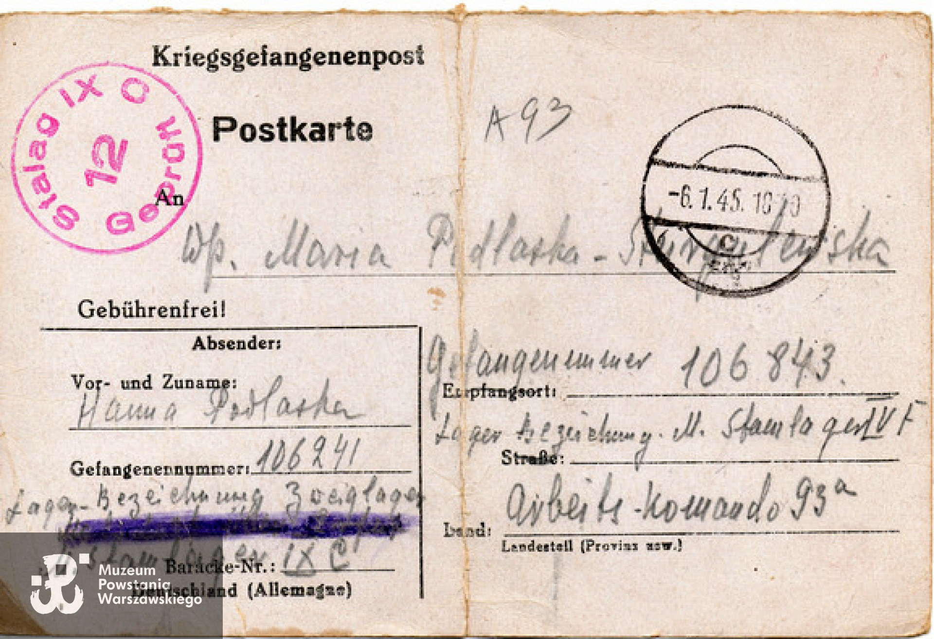 Karta pocztowa do przebywającej w niewoli Marii Sturgólewskiej. Ze zbiorów Marii Biernackiej  / Archiwum 2. HBAP "Żbik"