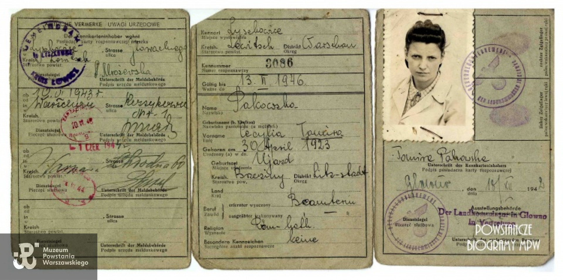 Należąca do Tomiry Pakowskiej  Kenkarta z okresu okupacji (niem. Kennkarte - karta rozpoznawcza).  Ze zbiorów Muzeum Powstania Warszawskiego, sygn. P/2959