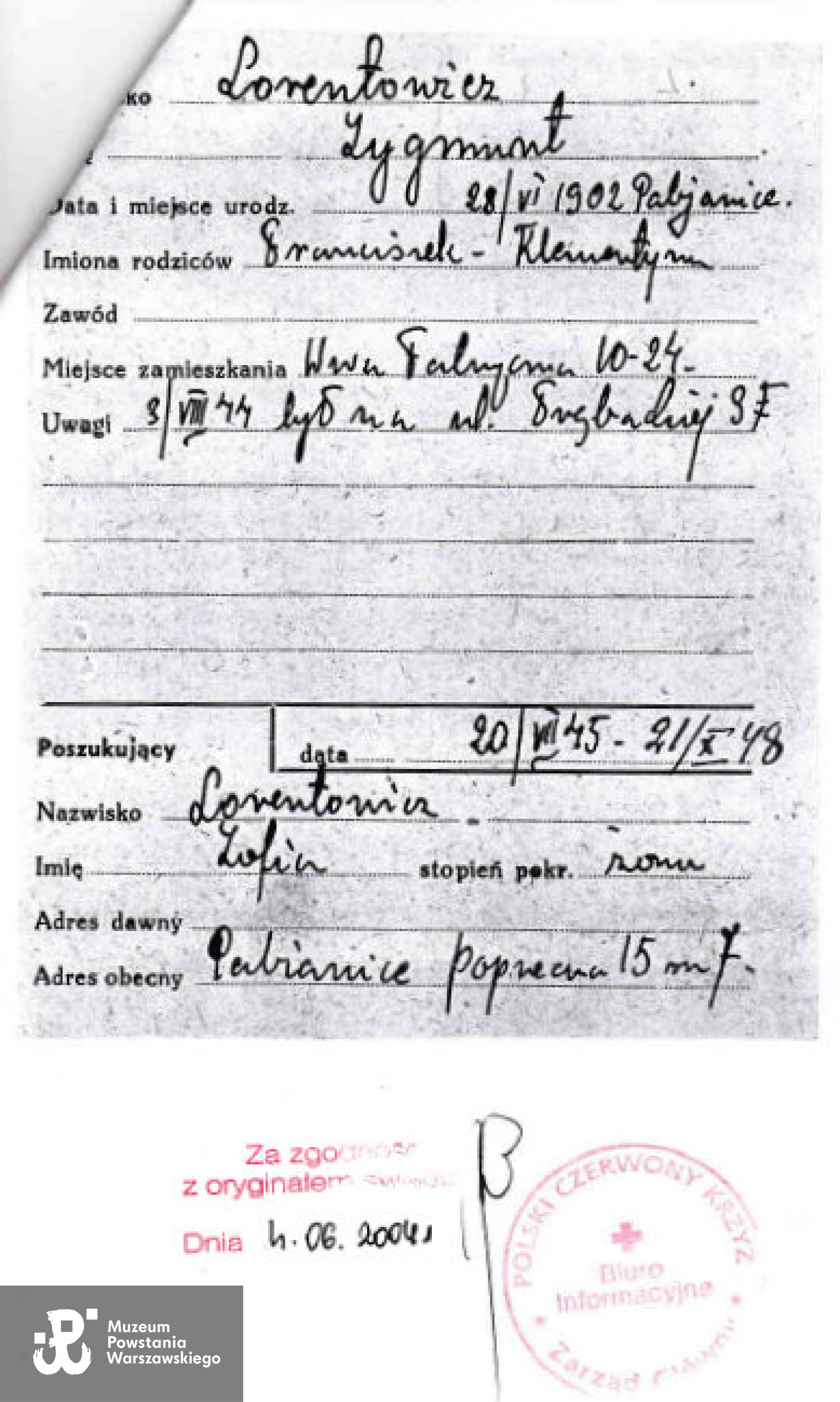 PCK - kartoteka. Z archiwum rodzinnego Michała Lorentowicza