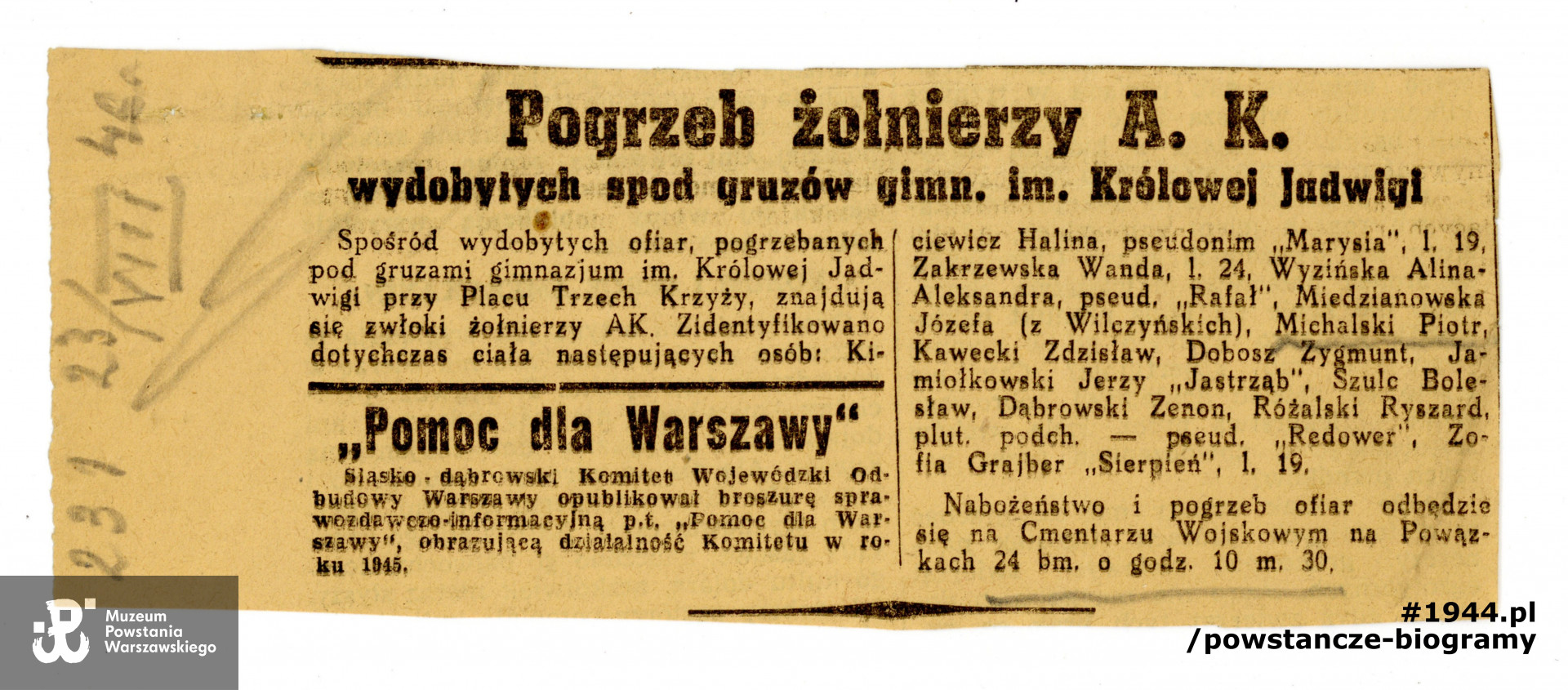 Fragment artykułu prasowego z "Życia Warszawy"  dotyczący pogrzebów poległych Powstańców ekshumowanych na Powązki Wojskowe