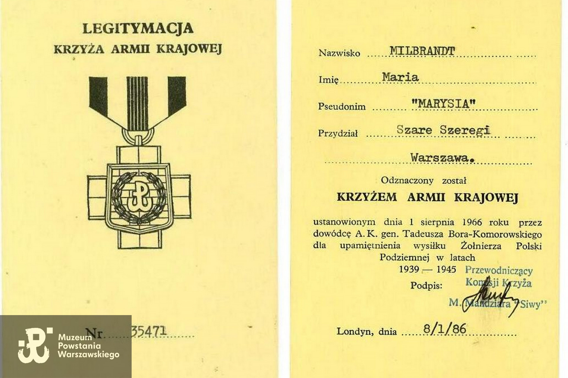 Legitymacja odznaczeniowa - Krzyż Armii Krajowej. Źródło: MPW-Pokój Kombatanta - katalog "Słownik Uczestników PW".