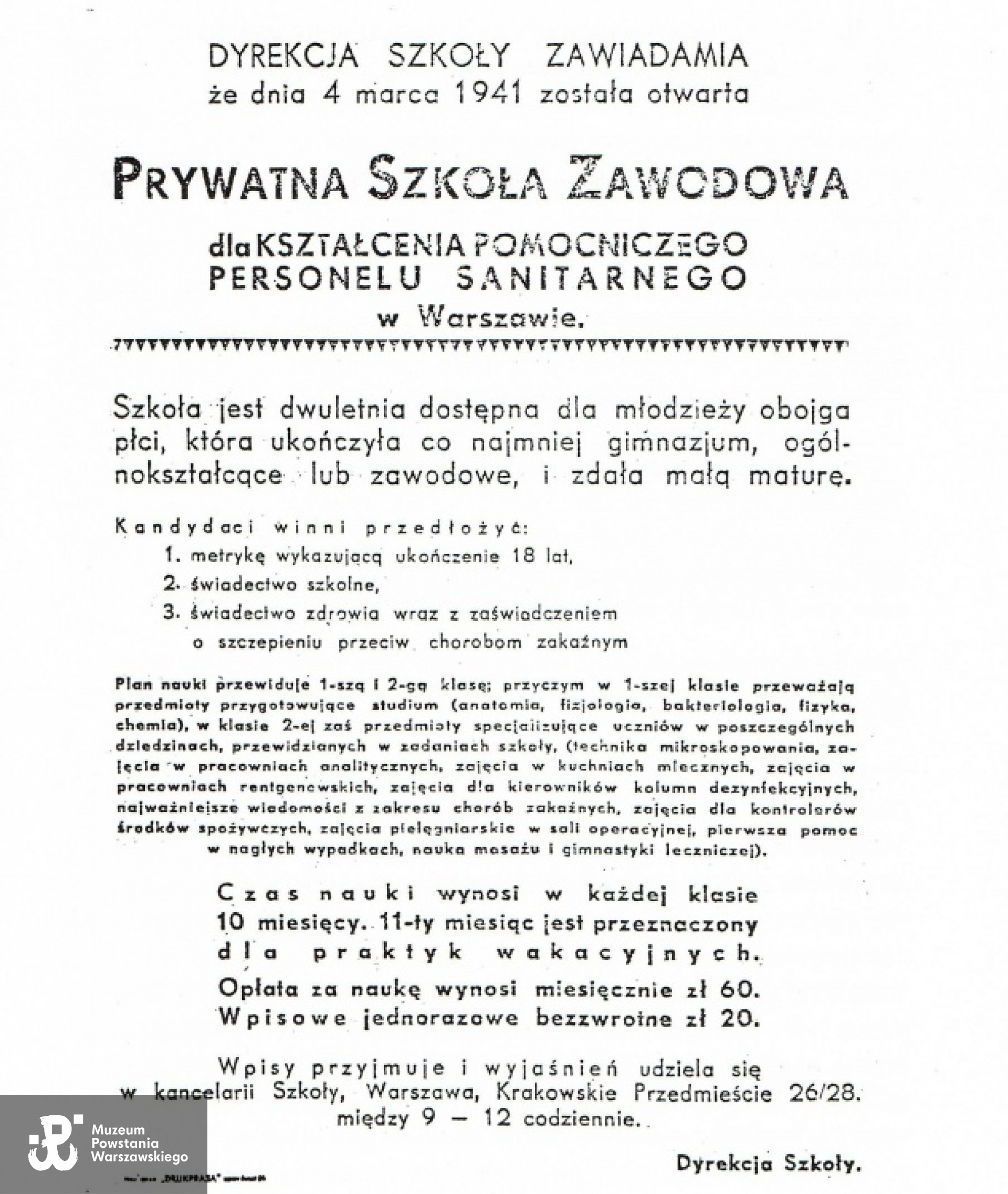 Ulotka informująca o otwarciu szkoły.